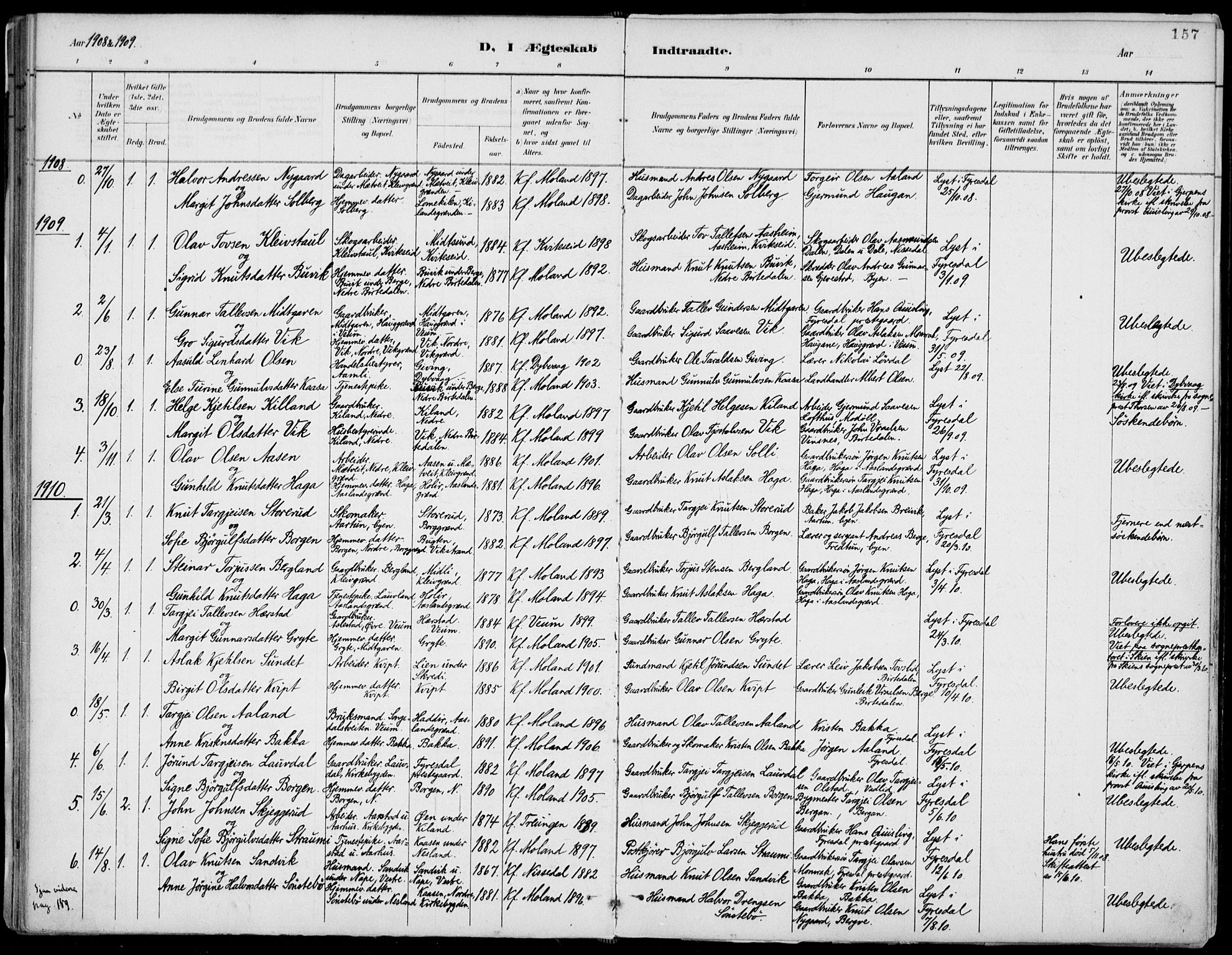 Fyresdal kirkebøker, SAKO/A-263/F/Fa/L0007: Parish register (official) no. I 7, 1887-1914, p. 157