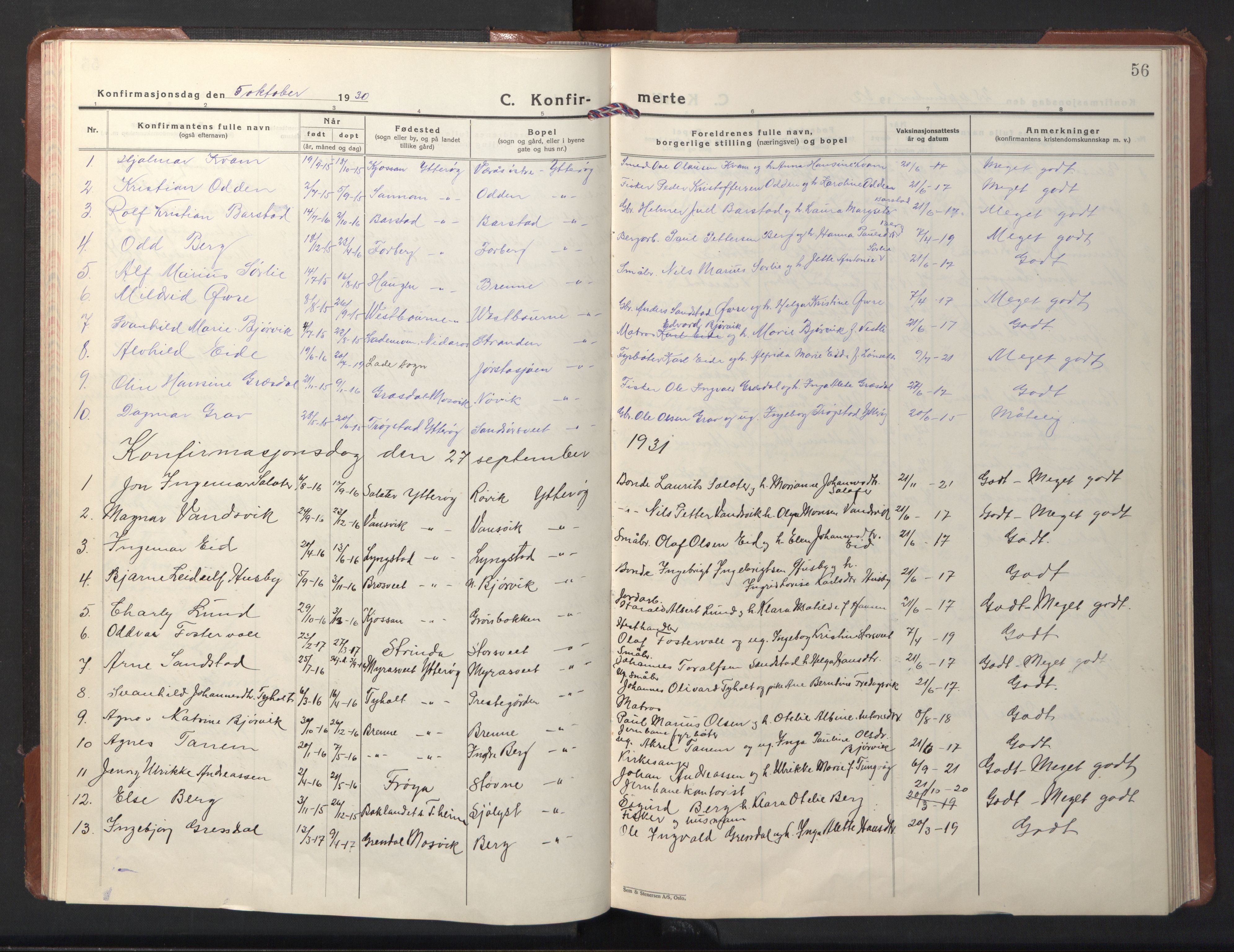 Ministerialprotokoller, klokkerbøker og fødselsregistre - Nord-Trøndelag, SAT/A-1458/722/L0227: Parish register (copy) no. 722C03, 1928-1958, p. 56