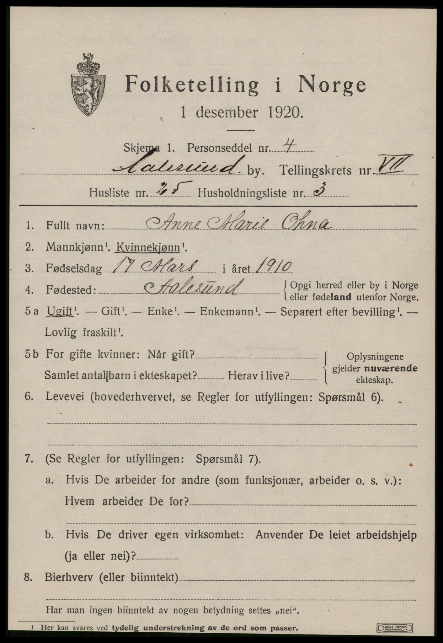 SAT, 1920 census for Ålesund, 1920, p. 20038