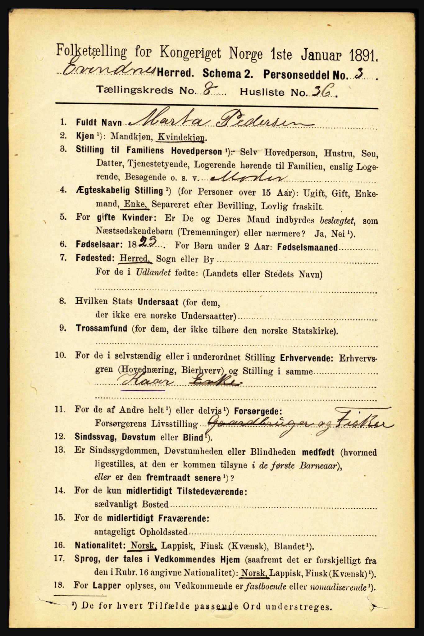 RA, 1891 census for 1853 Evenes, 1891, p. 2753