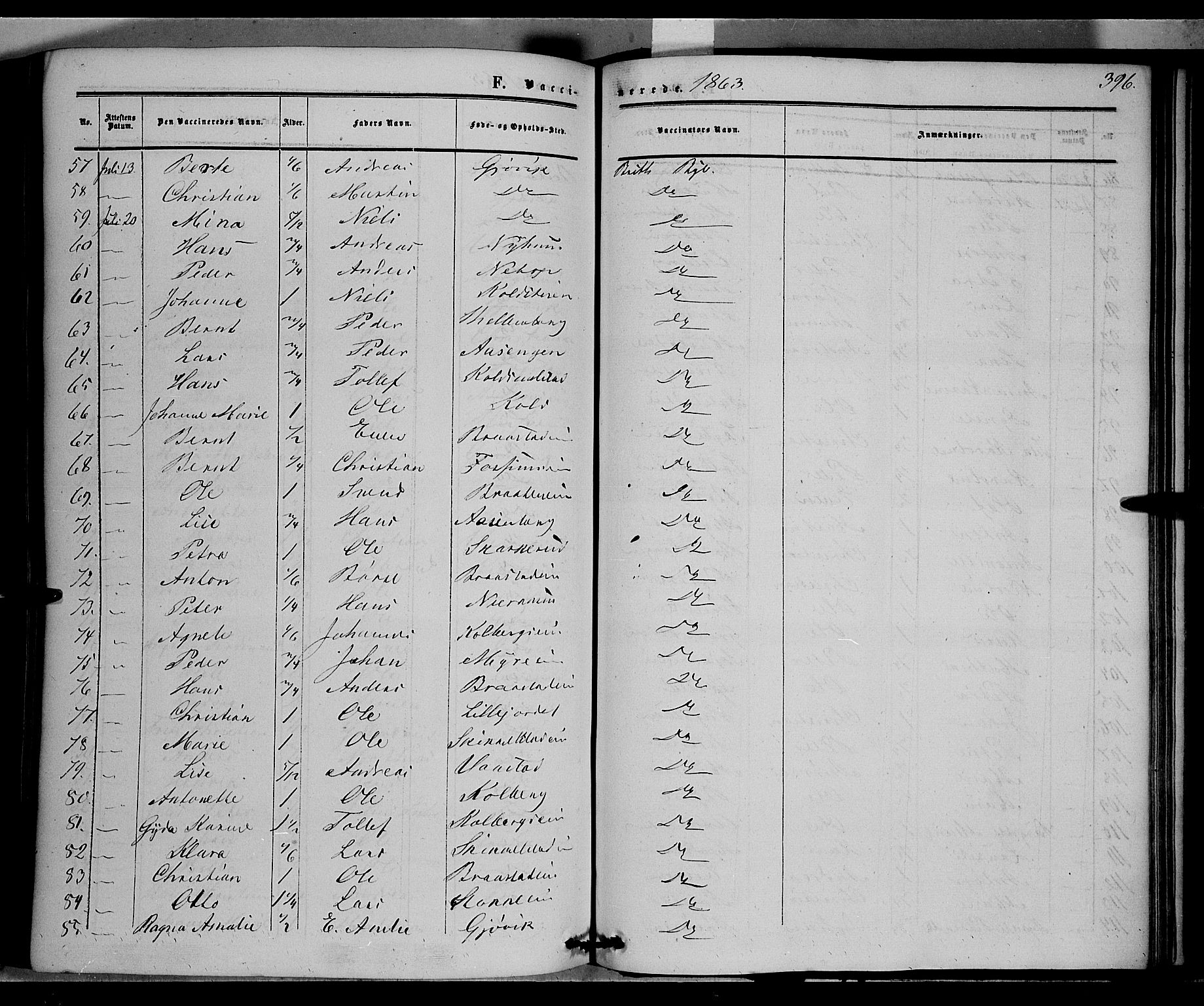 Vardal prestekontor, AV/SAH-PREST-100/H/Ha/Haa/L0006: Parish register (official) no. 6, 1854-1866, p. 396