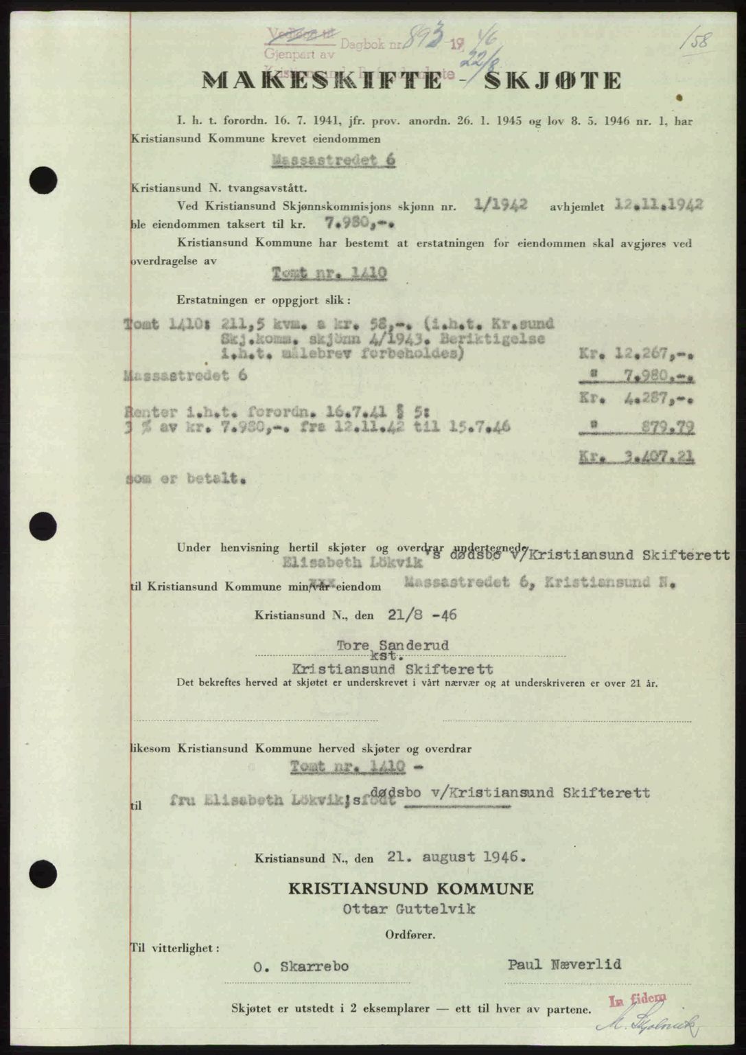 Kristiansund byfogd, AV/SAT-A-4587/A/27: Mortgage book no. 39b, 1946-1947, Diary no: : 893/1946