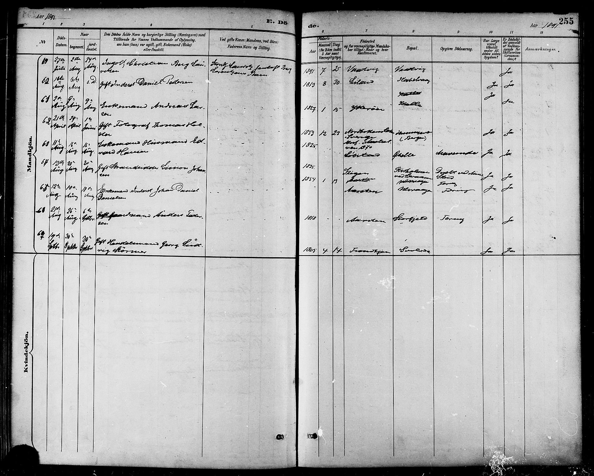 Ministerialprotokoller, klokkerbøker og fødselsregistre - Nordland, AV/SAT-A-1459/874/L1060: Parish register (official) no. 874A04, 1890-1899, p. 255