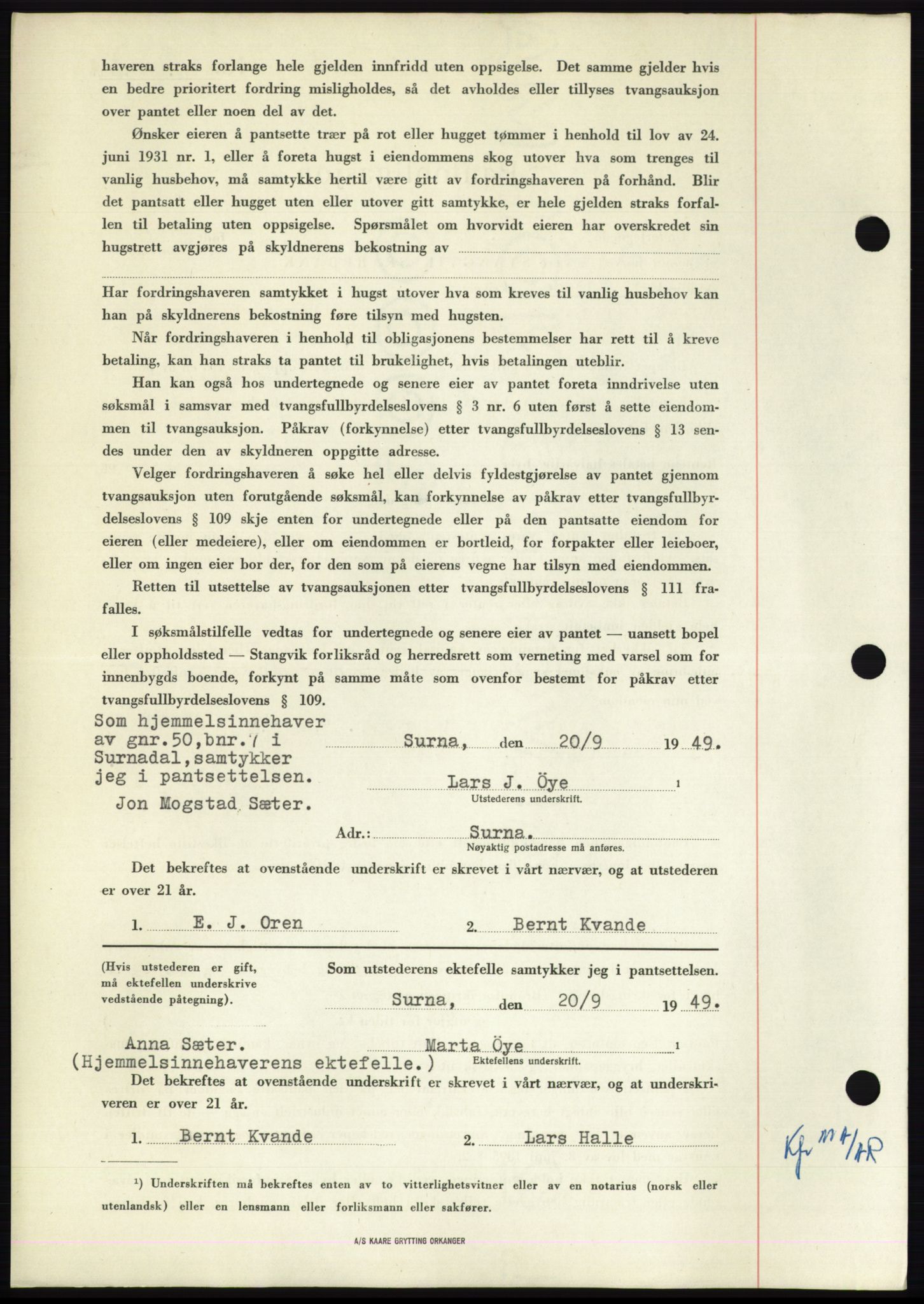 Nordmøre sorenskriveri, AV/SAT-A-4132/1/2/2Ca: Mortgage book no. B102, 1949-1949, Diary no: : 2802/1949