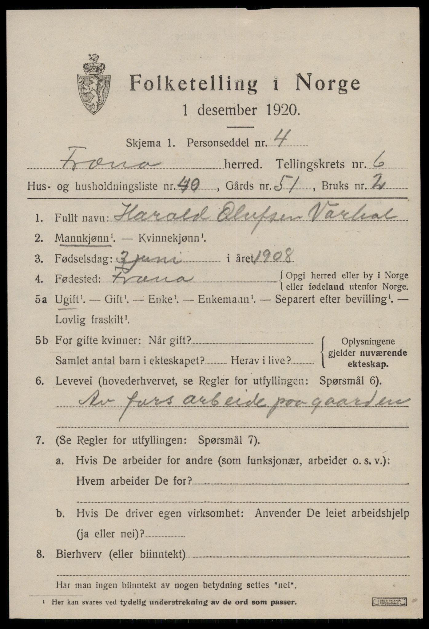 SAT, 1920 census for Fræna, 1920, p. 4523