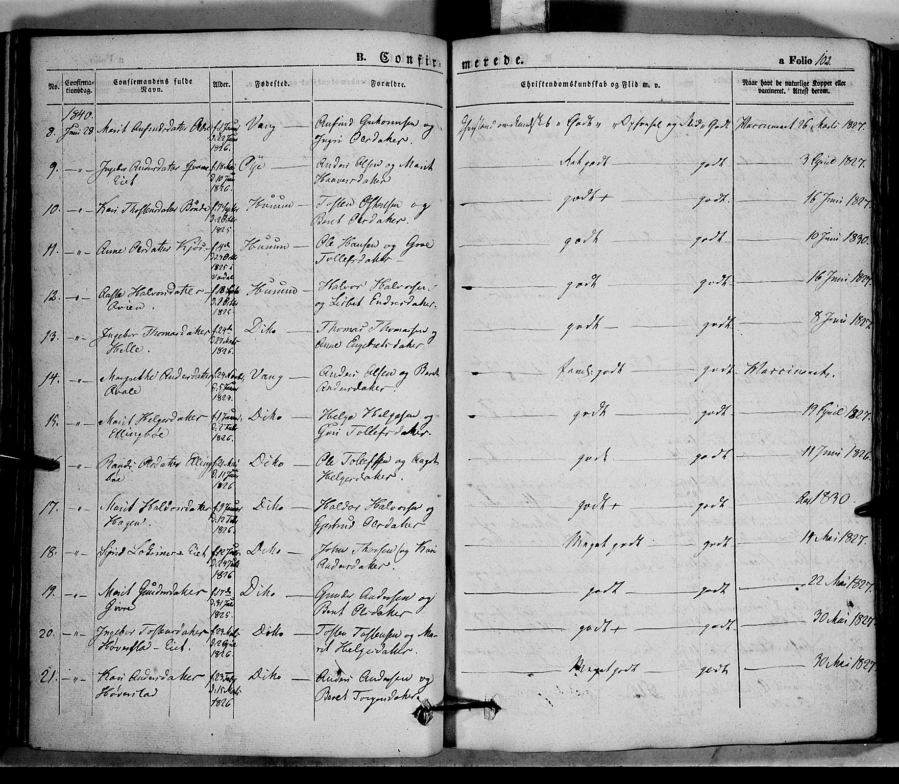 Vang prestekontor, Valdres, AV/SAH-PREST-140/H/Ha/L0005: Parish register (official) no. 5, 1831-1845, p. 102