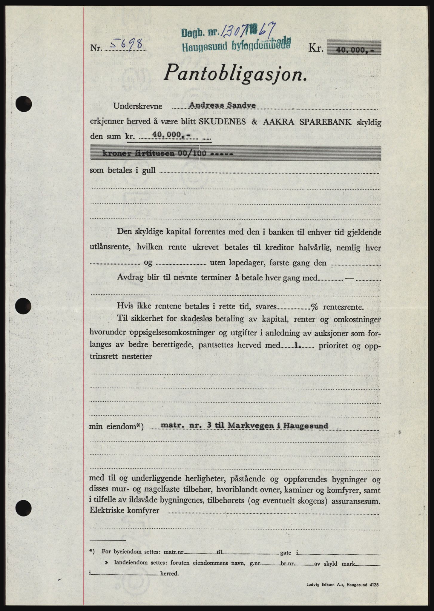 Haugesund tingrett, SAST/A-101415/01/II/IIC/L0056: Mortgage book no. B 56, 1966-1967, Diary no: : 1307/1967