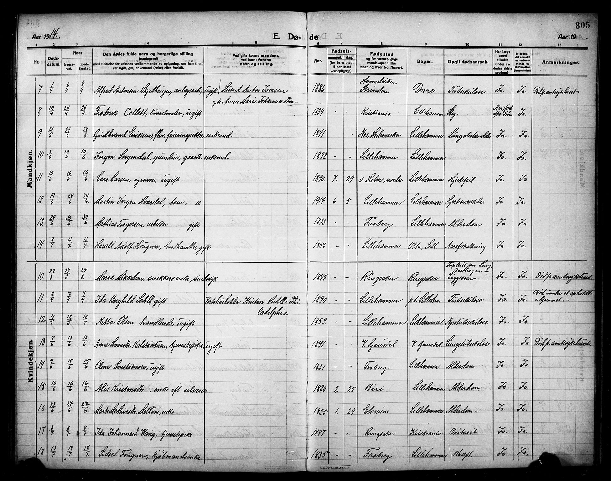 Lillehammer prestekontor, AV/SAH-PREST-088/H/Ha/Hab/L0002: Parish register (copy) no. 2, 1913-1929, p. 305