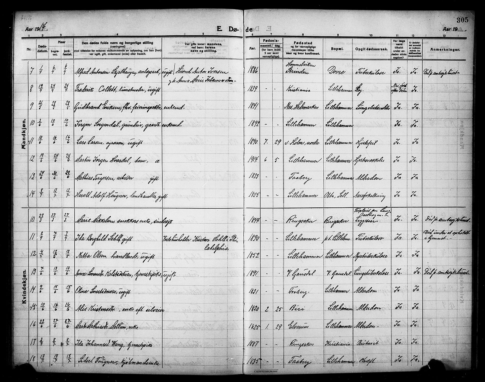 Lillehammer prestekontor, SAH/PREST-088/H/Ha/Hab/L0002: Parish register (copy) no. 2, 1913-1929, p. 305