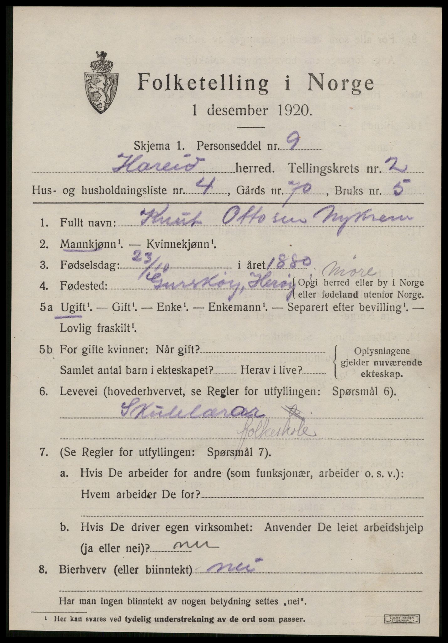 SAT, 1920 census for Hareid, 1920, p. 989