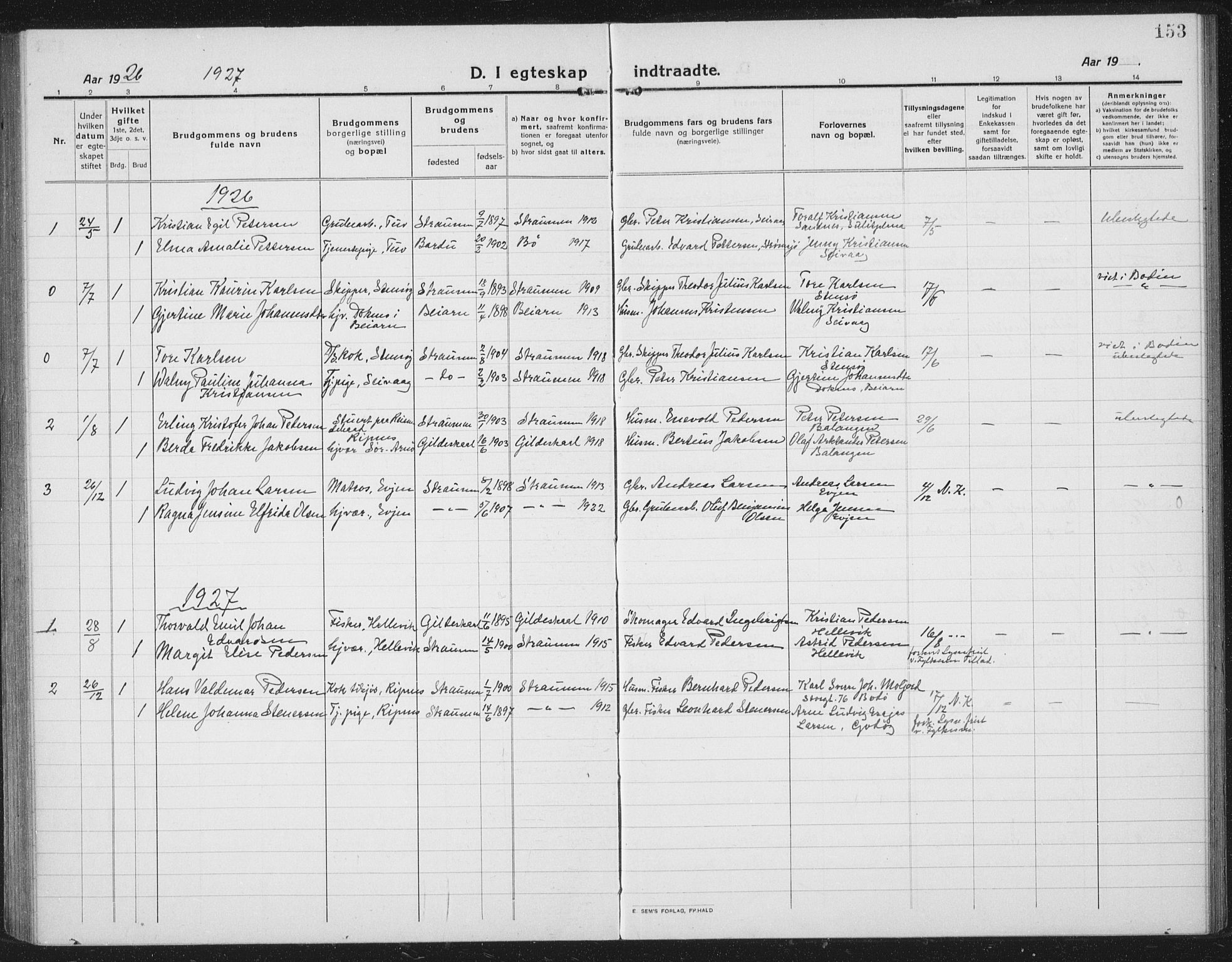 Ministerialprotokoller, klokkerbøker og fødselsregistre - Nordland, AV/SAT-A-1459/804/L0089: Parish register (copy) no. 804C02, 1918-1935, p. 153