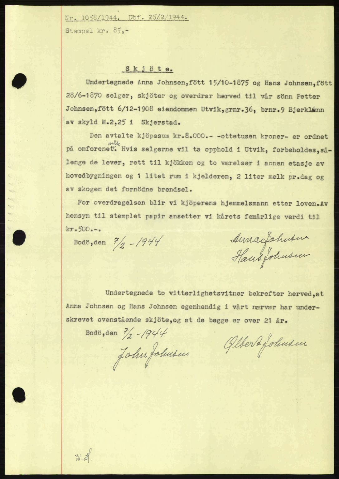 Salten sorenskriveri, AV/SAT-A-4578/1/2/2C: Mortgage book no. A14-15, 1943-1945, Diary no: : 1058/1944