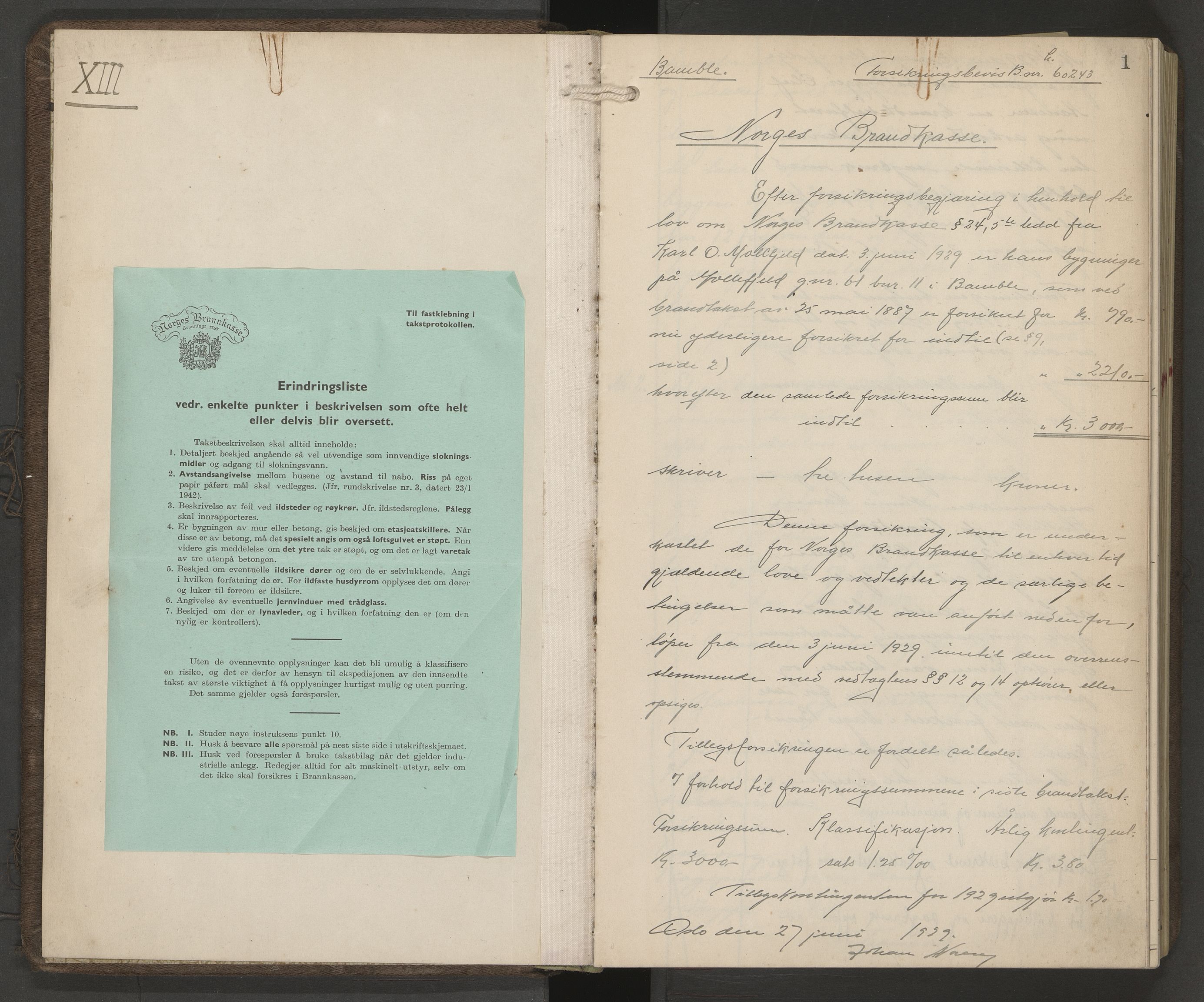 Bamble lensmannskontor, AV/SAKO-A-552/Y/Yg/Yga/L0003: Branntakstprotokoll, 1929-1947