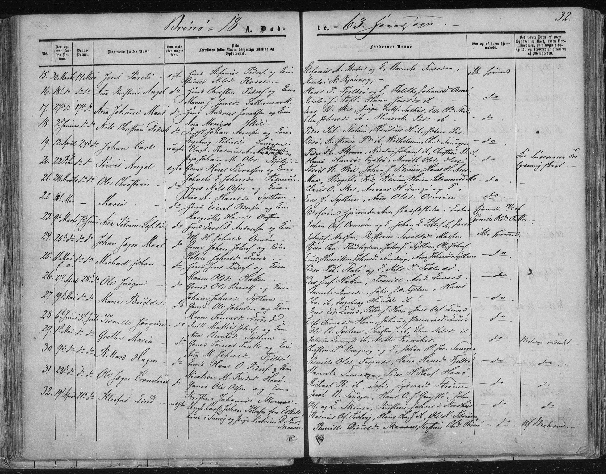 Ministerialprotokoller, klokkerbøker og fødselsregistre - Nordland, SAT/A-1459/813/L0198: Parish register (official) no. 813A08, 1834-1874, p. 32