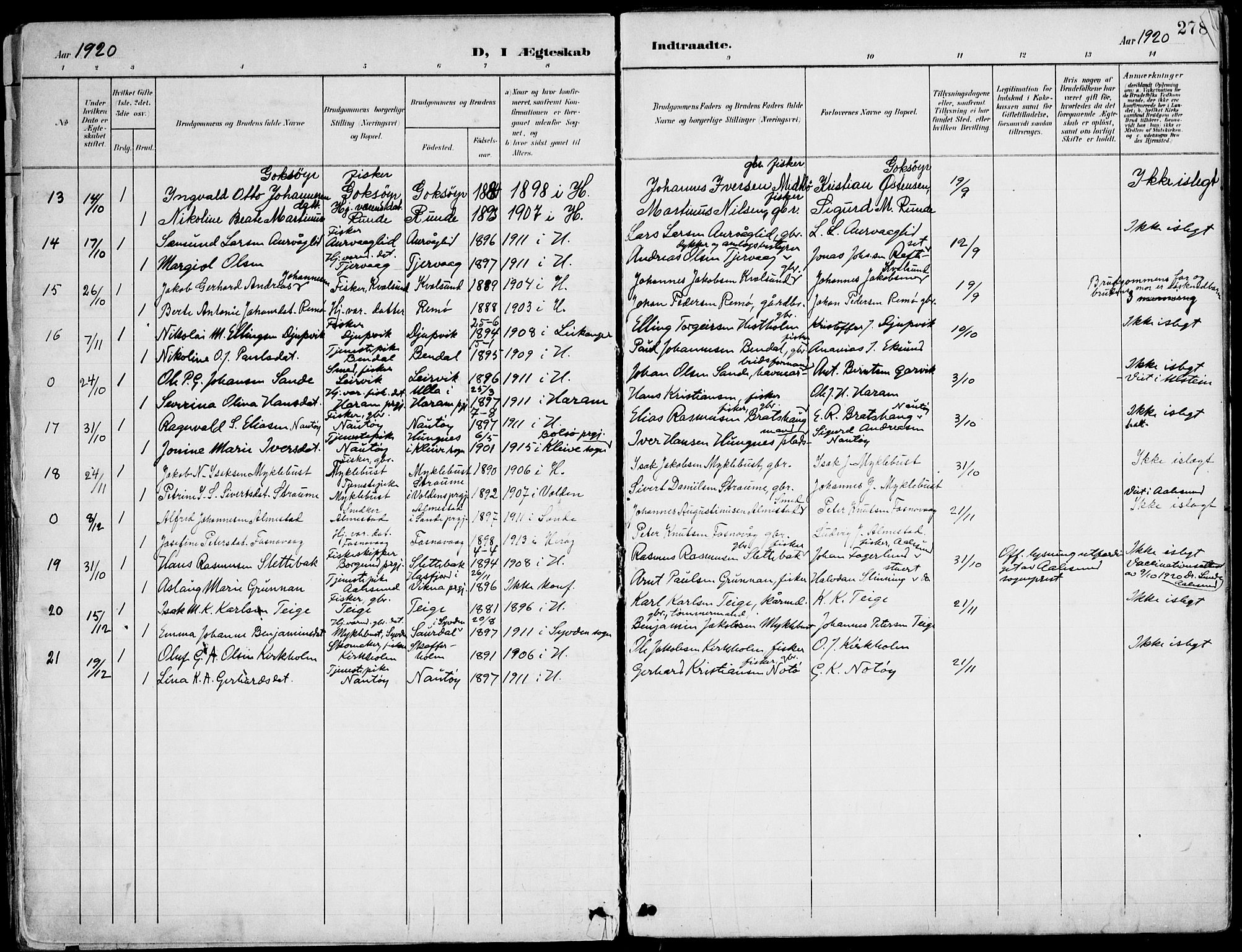 Ministerialprotokoller, klokkerbøker og fødselsregistre - Møre og Romsdal, SAT/A-1454/507/L0075: Parish register (official) no. 507A10, 1901-1920, p. 278