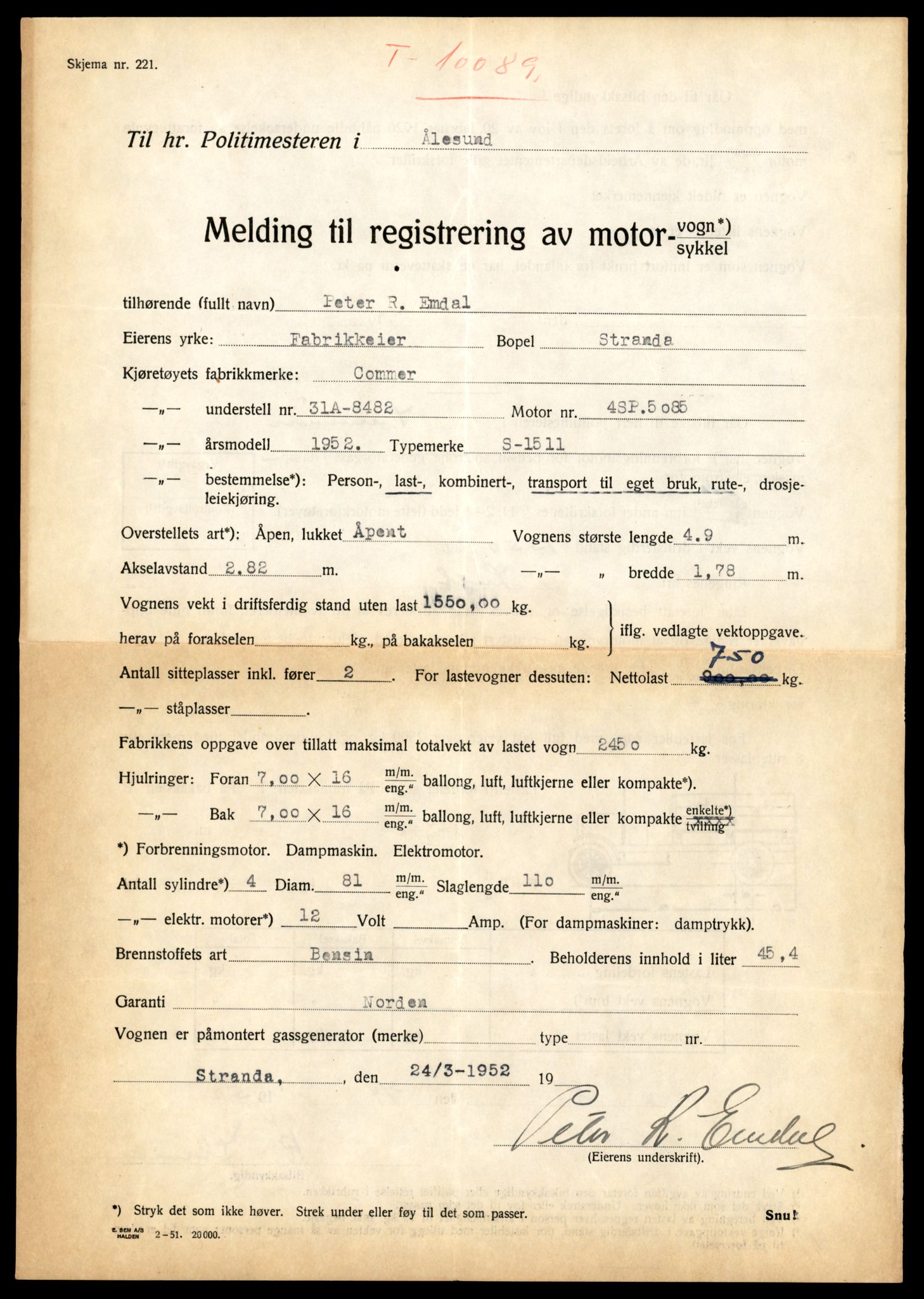 Møre og Romsdal vegkontor - Ålesund trafikkstasjon, AV/SAT-A-4099/F/Fe/L0017: Registreringskort for kjøretøy T 1985 - T 10090, 1927-1998, p. 3311