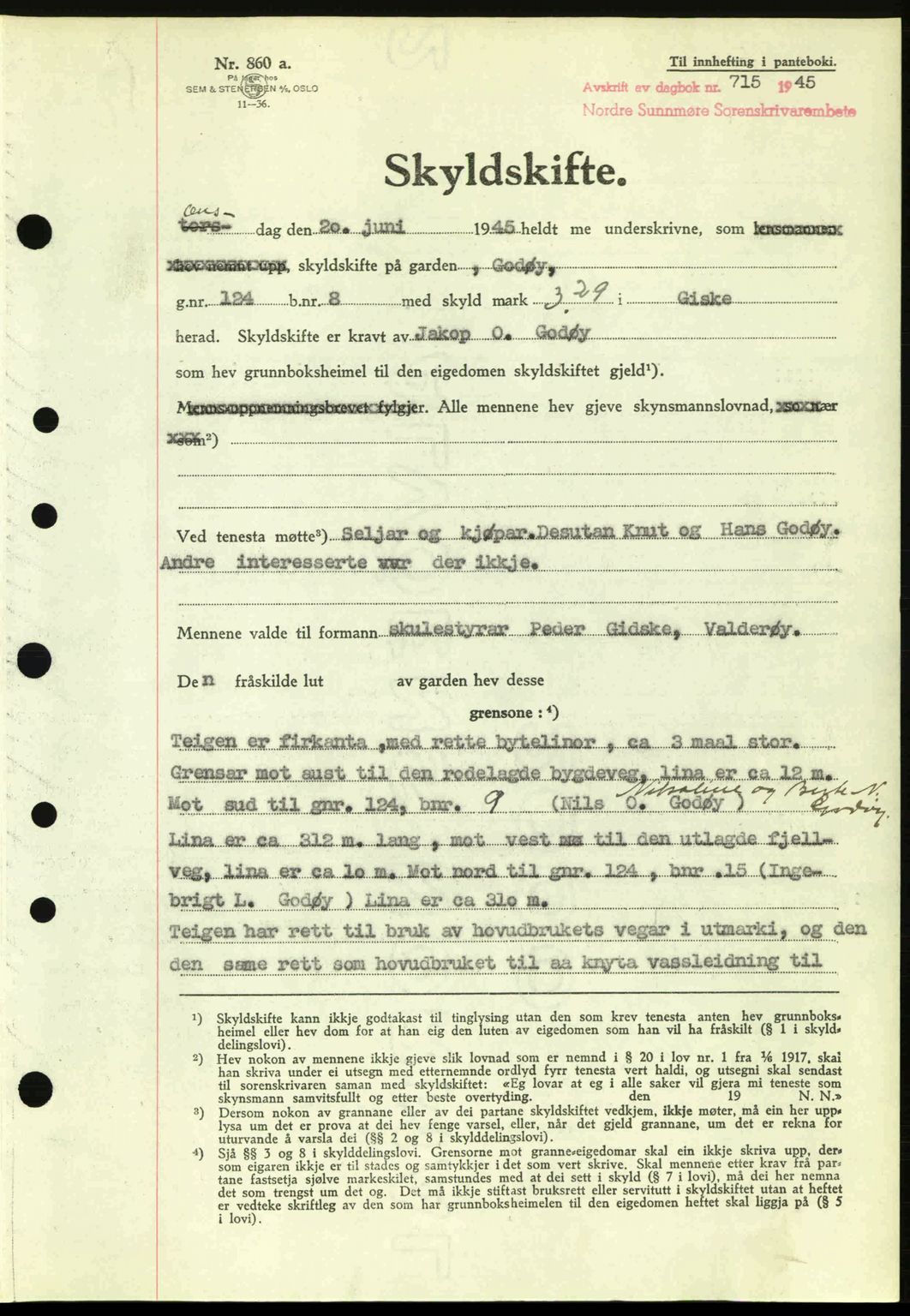 Nordre Sunnmøre sorenskriveri, AV/SAT-A-0006/1/2/2C/2Ca: Mortgage book no. A20a, 1945-1945, Diary no: : 715/1945