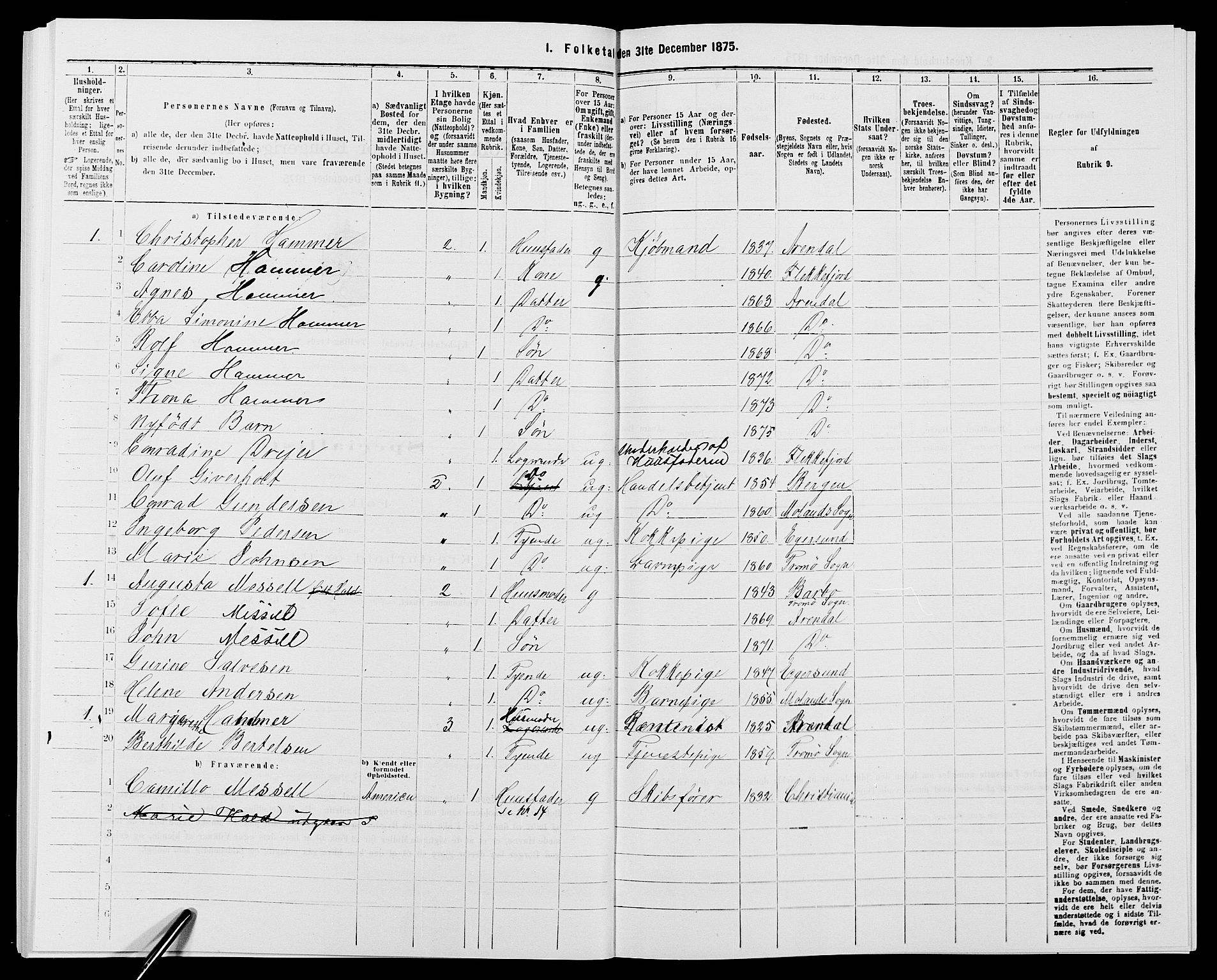 SAK, 1875 census for 0903P Arendal, 1875, p. 663