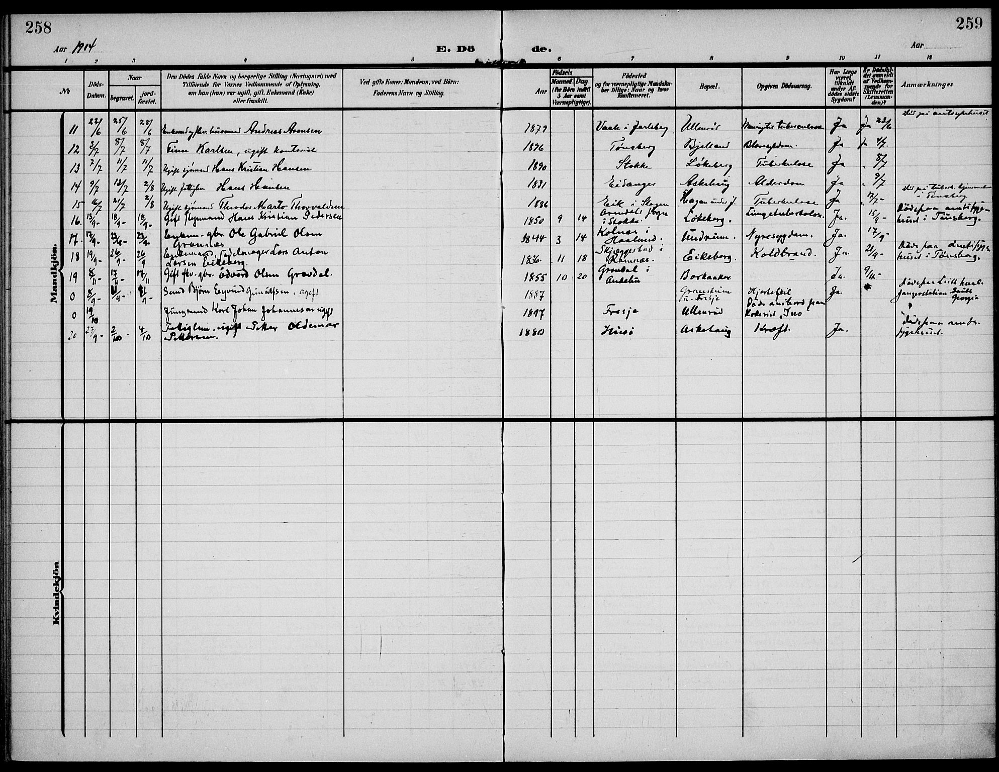 Sem kirkebøker, AV/SAKO-A-5/F/Fa/L0012: Parish register (official) no. I 12, 1905-1915, p. 258-259