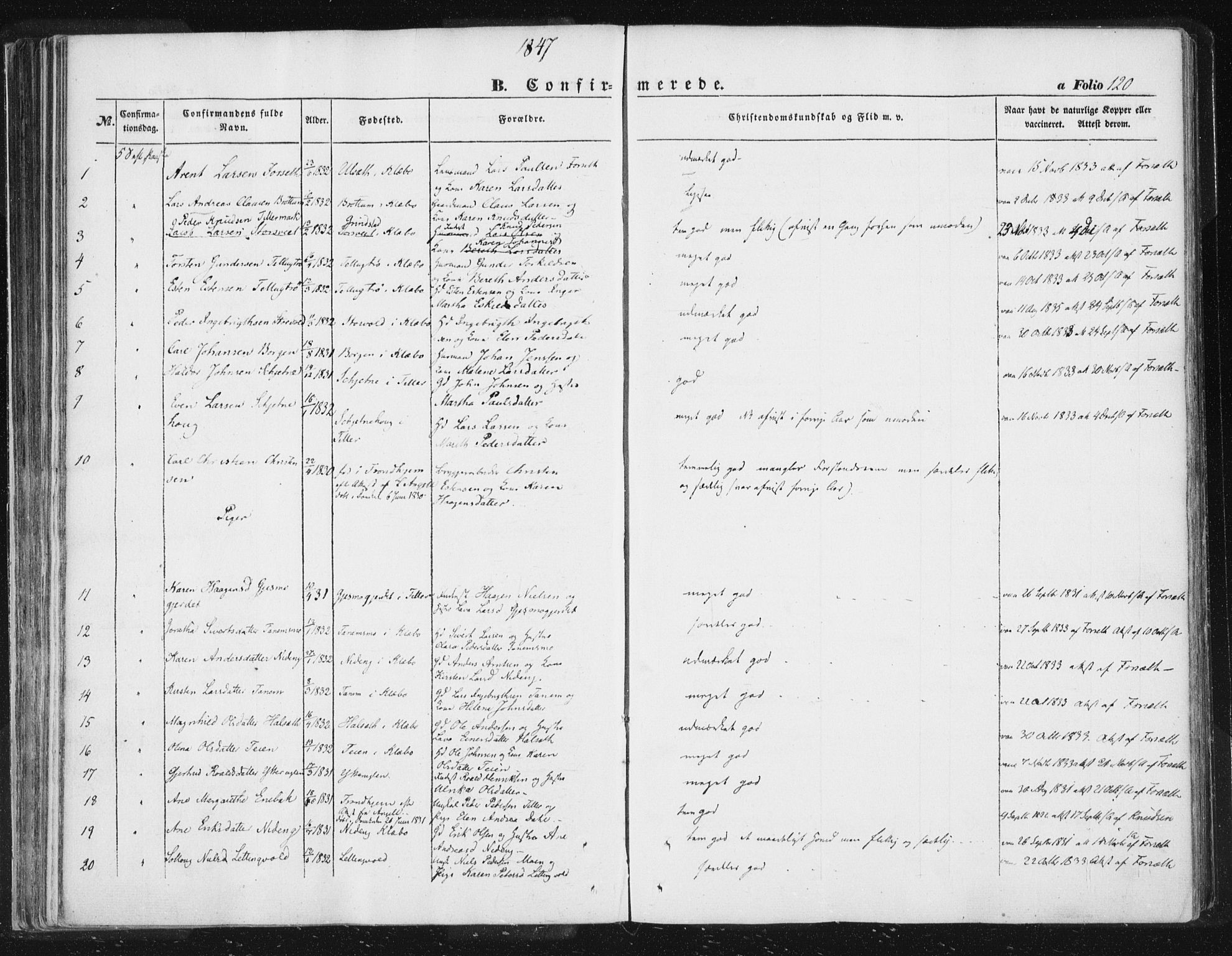 Ministerialprotokoller, klokkerbøker og fødselsregistre - Sør-Trøndelag, SAT/A-1456/618/L0441: Parish register (official) no. 618A05, 1843-1862, p. 120