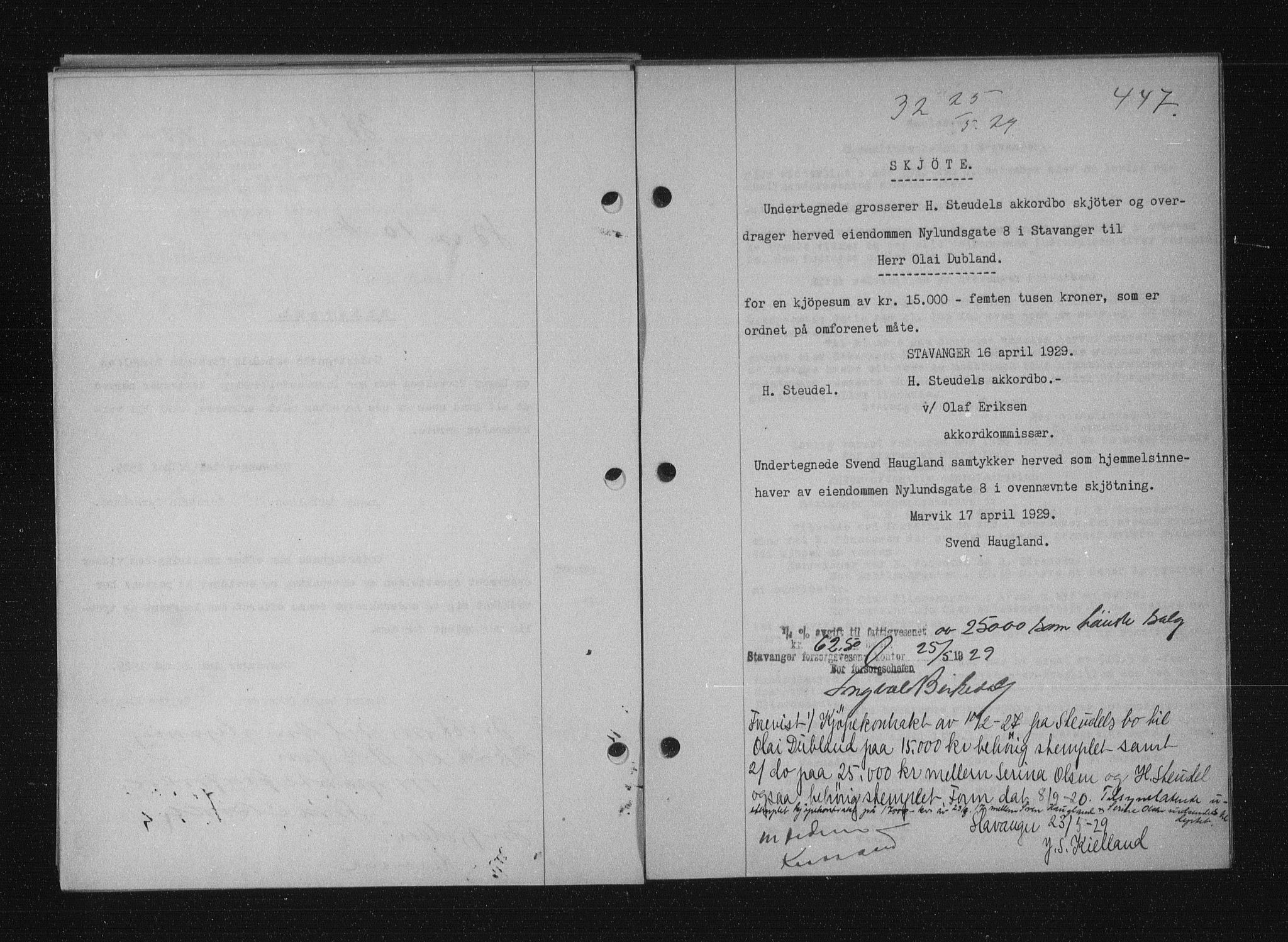 Stavanger byfogd, AV/SAST-A-101408/001/4/41/410/410BB/L0055: Mortgage book no. 43, 1928-1929, Deed date: 25.05.1929