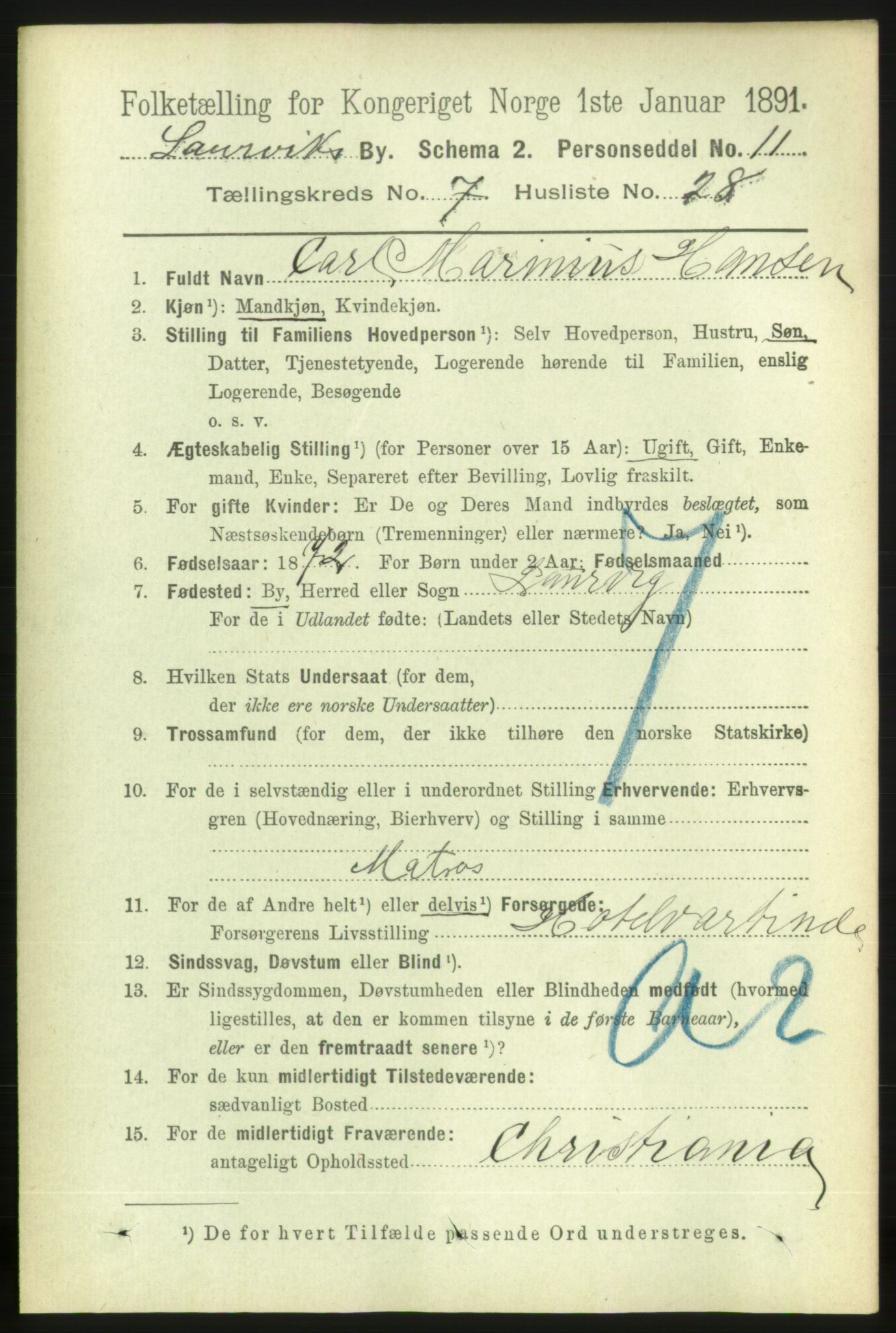 RA, 1891 census for 0707 Larvik, 1891, p. 7565