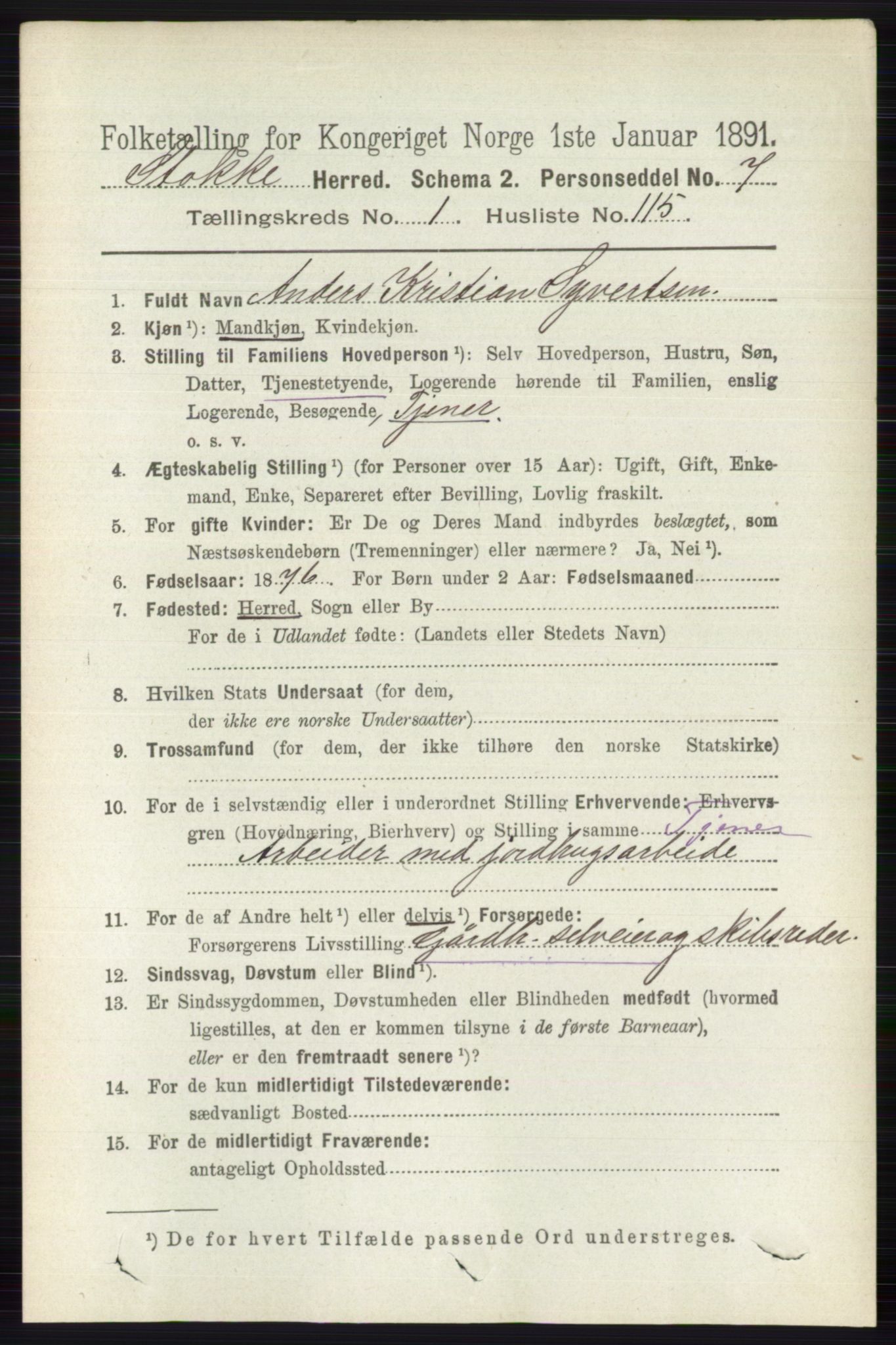 RA, 1891 census for 0720 Stokke, 1891, p. 848