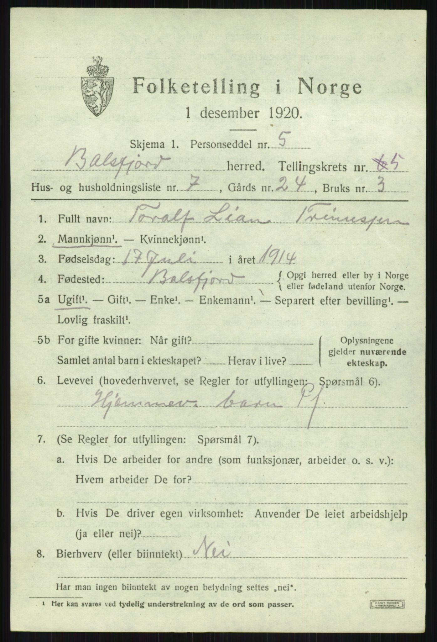 SATØ, 1920 census for Balsfjord, 1920, p. 3190