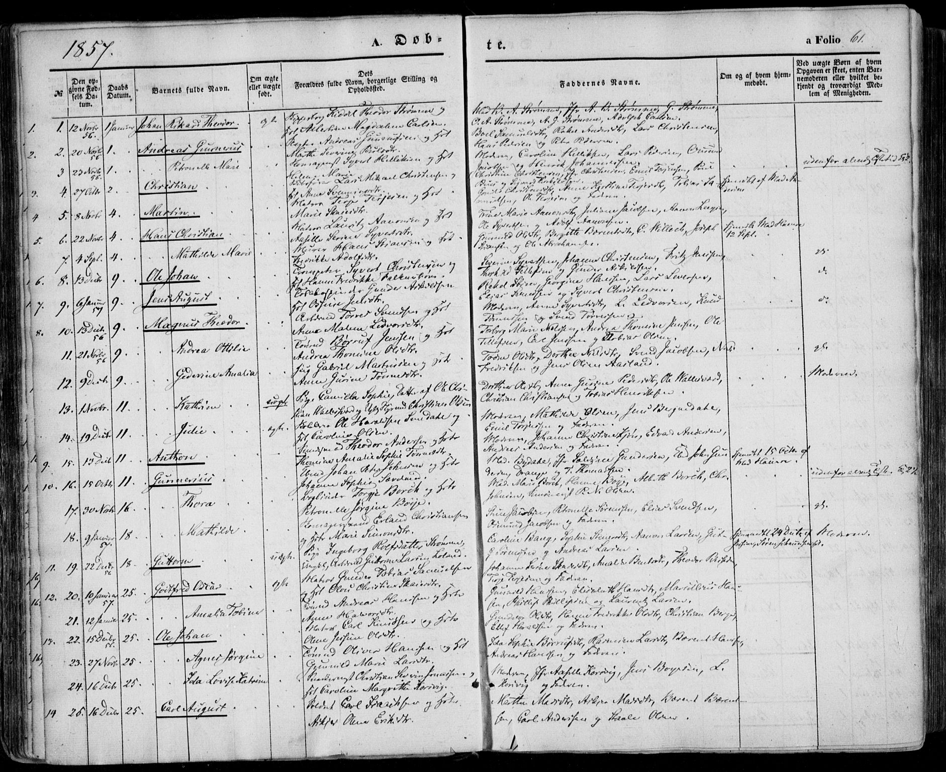 Kristiansand domprosti, SAK/1112-0006/F/Fa/L0014: Parish register (official) no. A 14, 1852-1867, p. 61