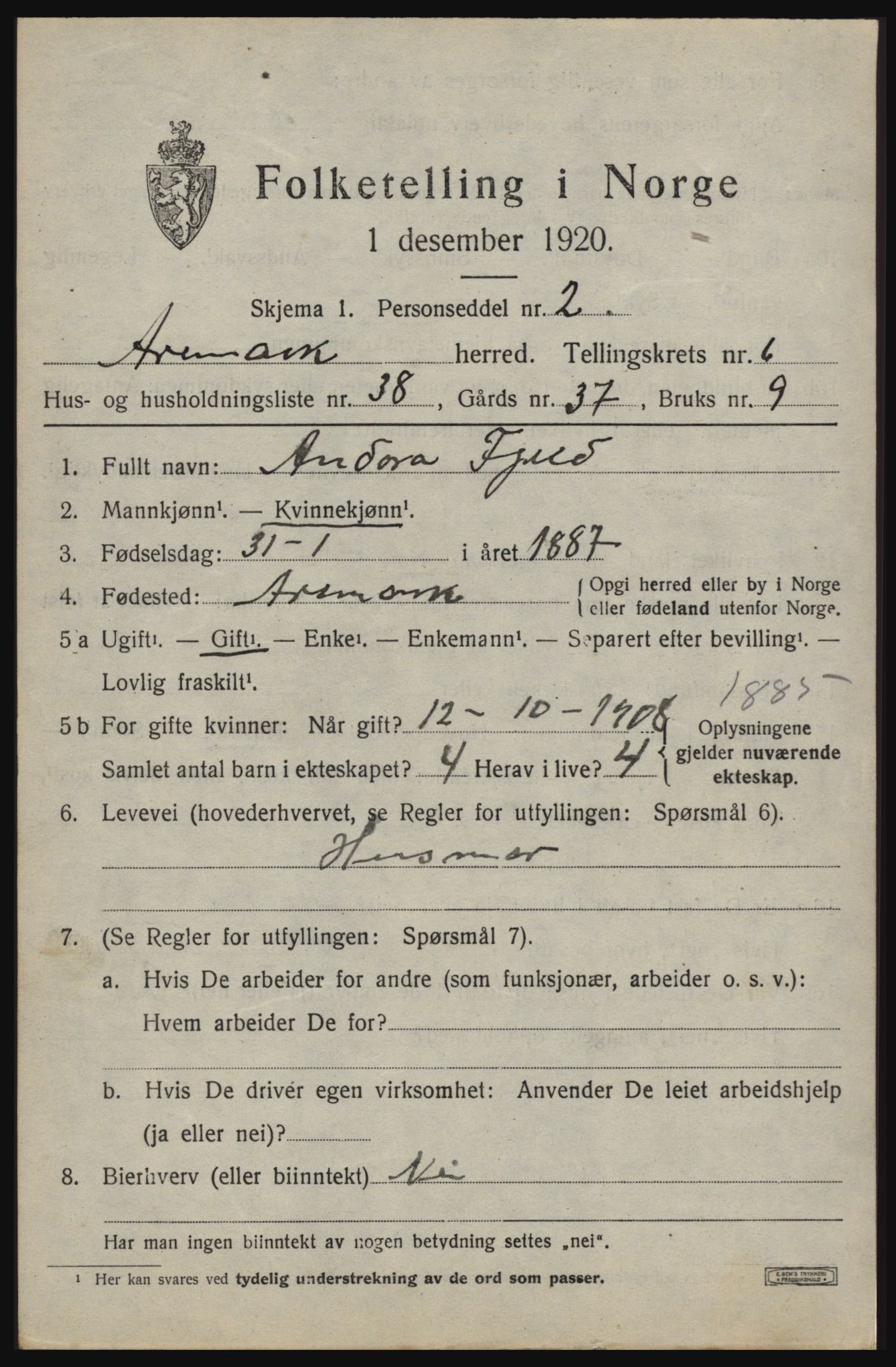 SAO, 1920 census for Aremark, 1920, p. 4167