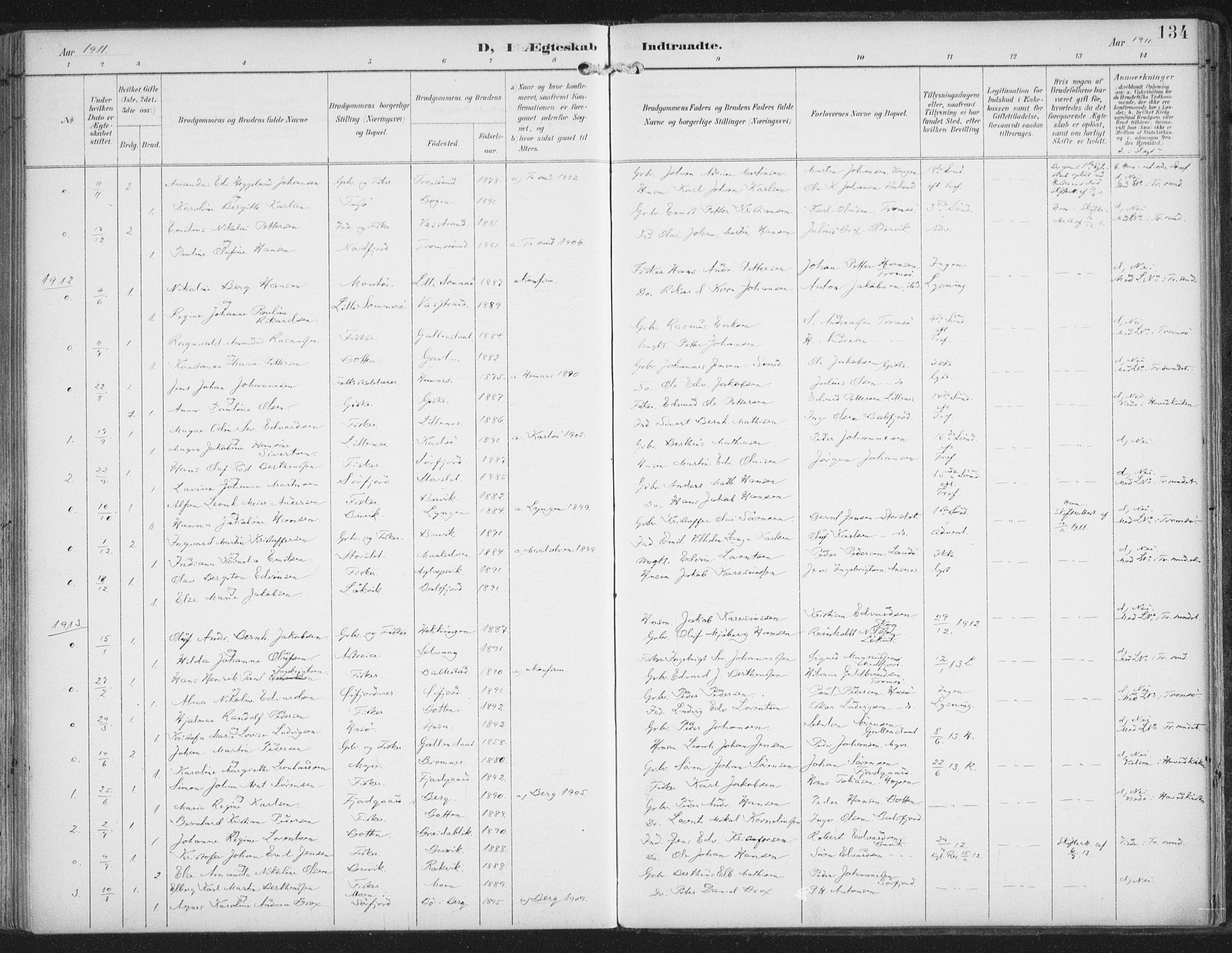 Lenvik sokneprestembete, AV/SATØ-S-1310/H/Ha/Haa/L0015kirke: Parish register (official) no. 15, 1896-1915, p. 134