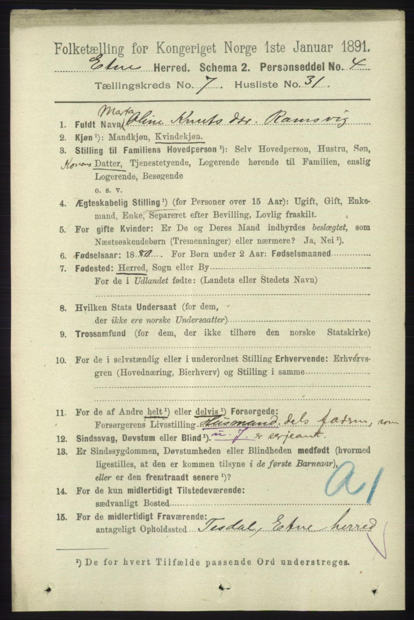 RA, 1891 census for 1211 Etne, 1891, p. 1520