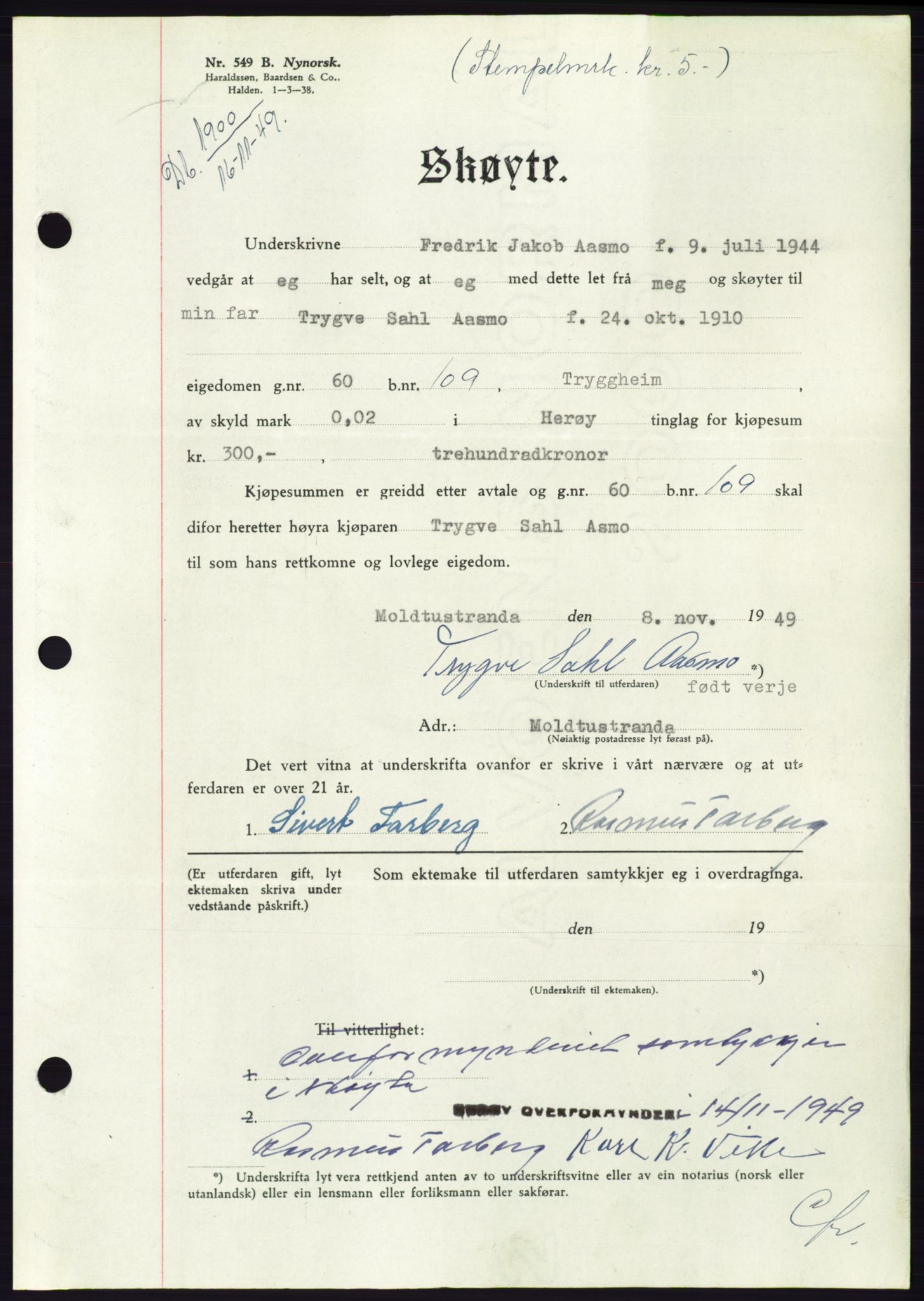 Søre Sunnmøre sorenskriveri, AV/SAT-A-4122/1/2/2C/L0085: Mortgage book no. 11A, 1949-1949, Diary no: : 1900/1949