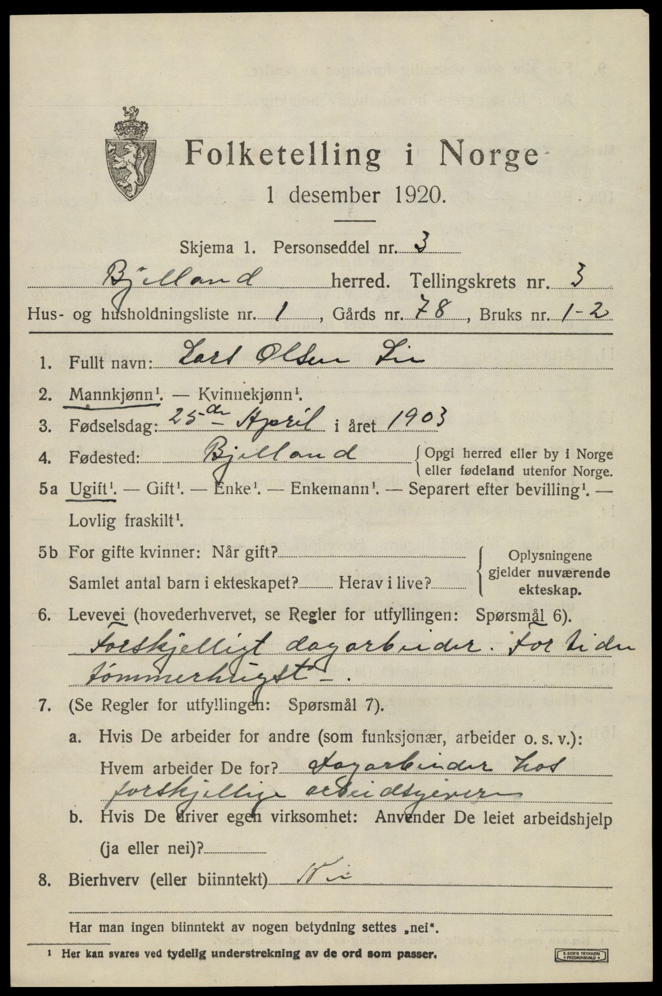 SAK, 1920 census for Bjelland, 1920, p. 957