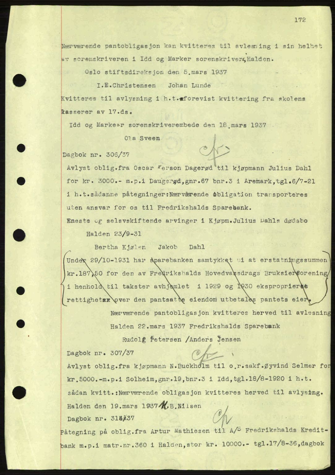 Idd og Marker sorenskriveri, AV/SAO-A-10283/G/Gb/Gbc/L0001: Mortgage book no. B1-3, 1936-1939, Diary no: : 306/1937