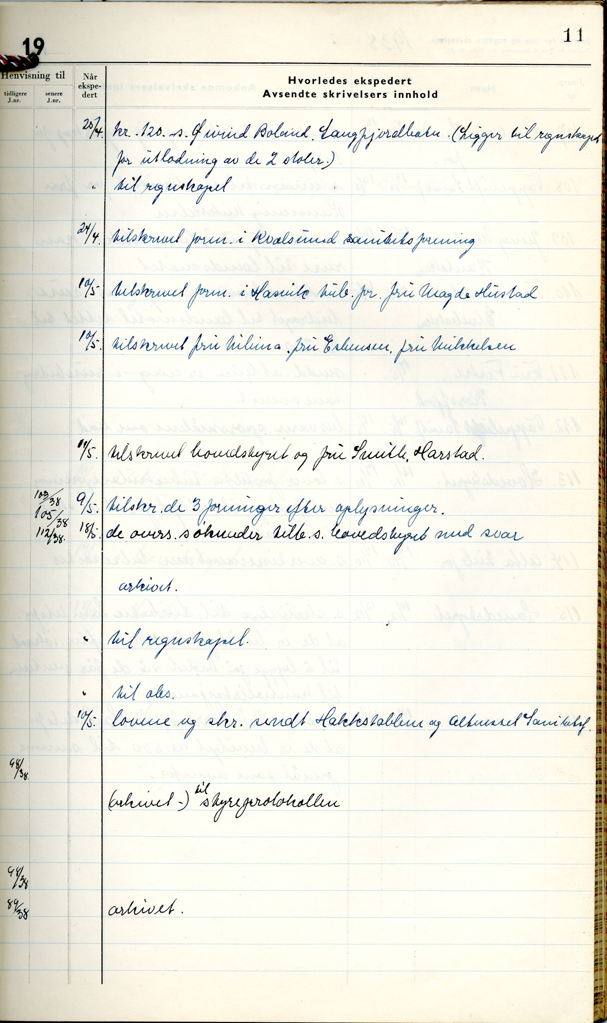 Norske Kvinners Sanitetsforening Finnmark , FMFB/A-1006/C/L0008: Journal for inn- og utgåtte brev, 1938-1944