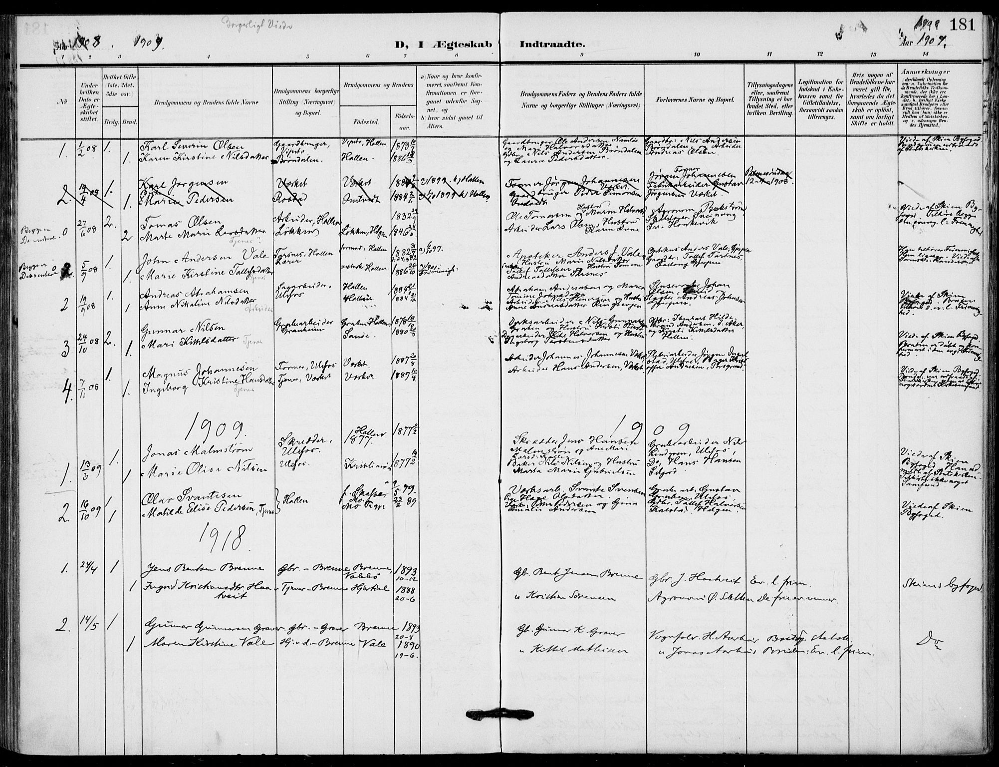 Holla kirkebøker, AV/SAKO-A-272/F/Fa/L0012: Parish register (official) no. 12, 1907-1923, p. 181