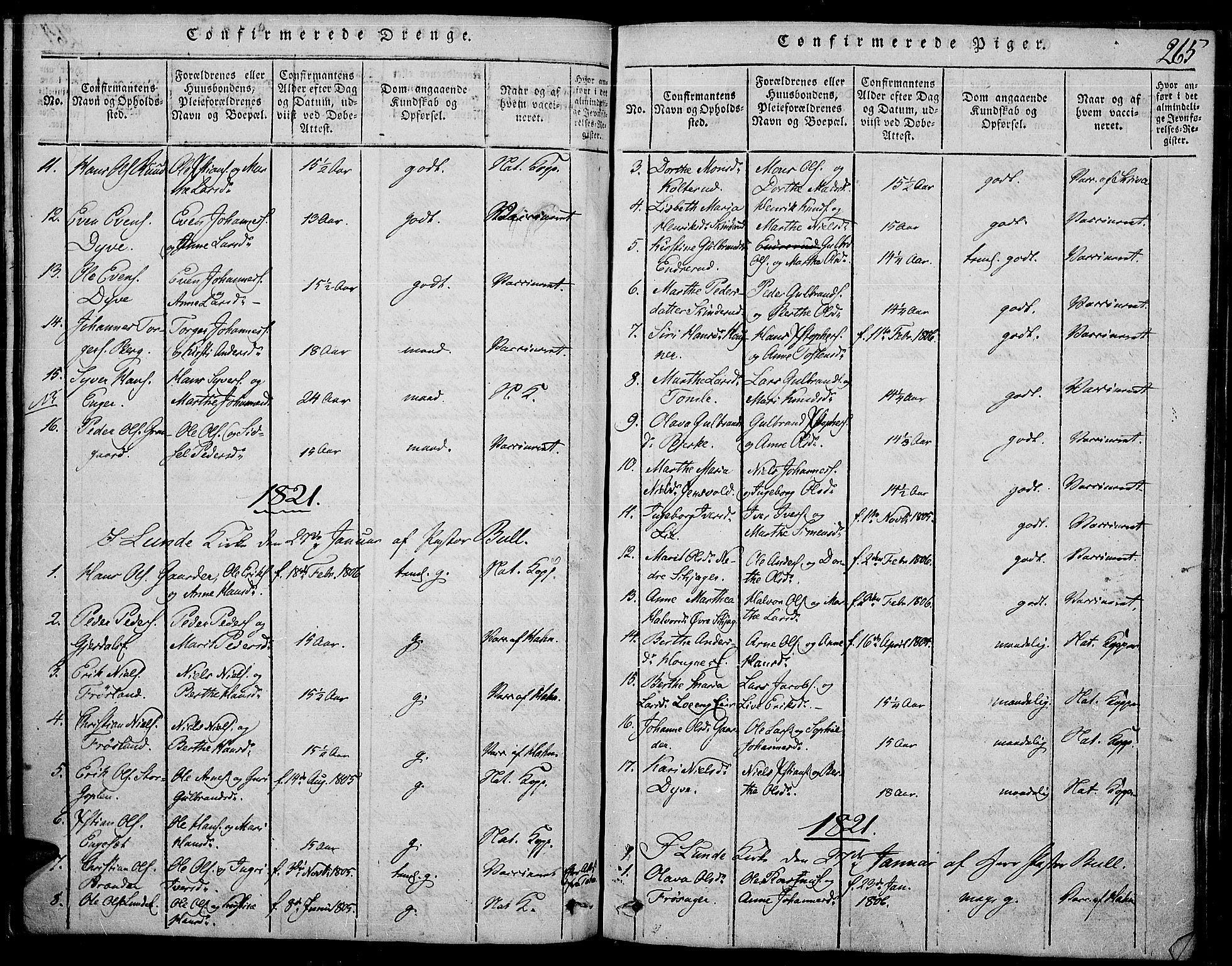 Land prestekontor, SAH/PREST-120/H/Ha/Haa/L0007: Parish register (official) no. 7, 1814-1830, p. 265