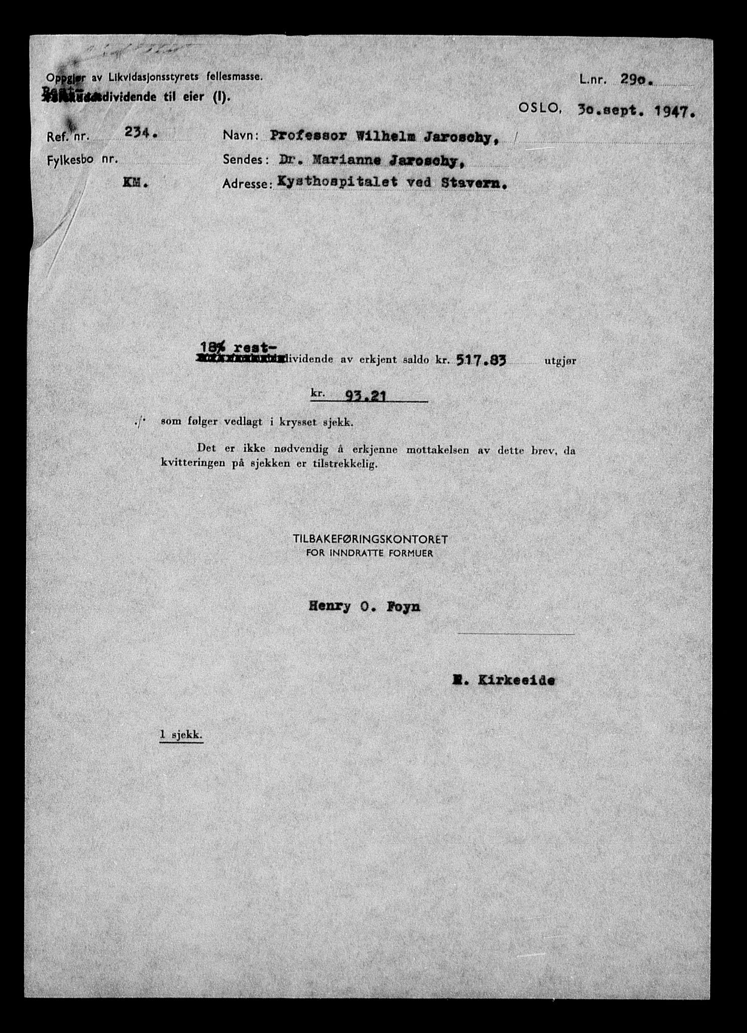 Justisdepartementet, Tilbakeføringskontoret for inndratte formuer, AV/RA-S-1564/H/Hc/Hcc/L0947: --, 1945-1947, p. 262