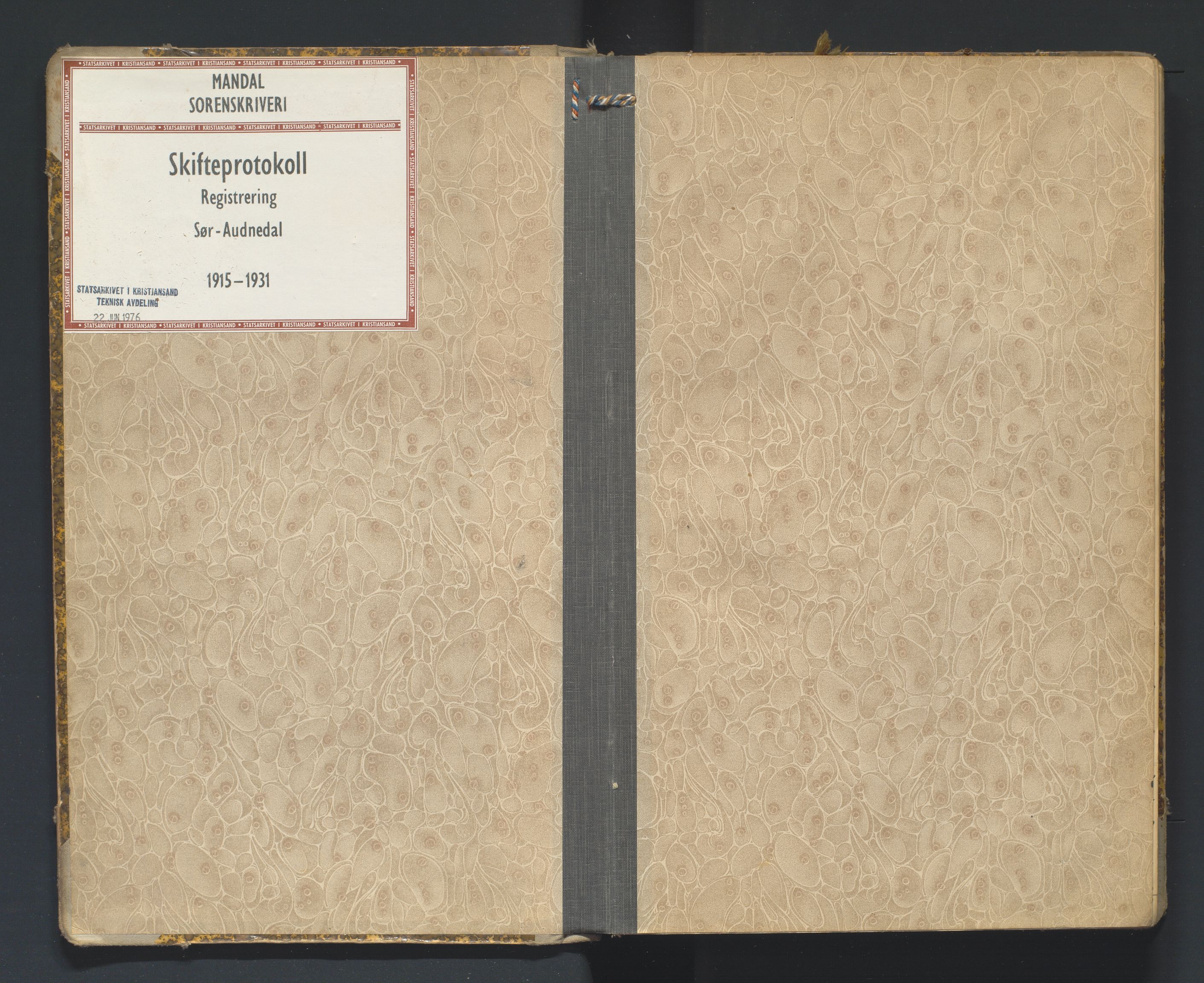 Mandal sorenskriveri, SAK/1221-0005/001/H/Hc/L0065: Skifteregistreringsprotokoll nr 21 Sør-Audnedal, 1915-1931