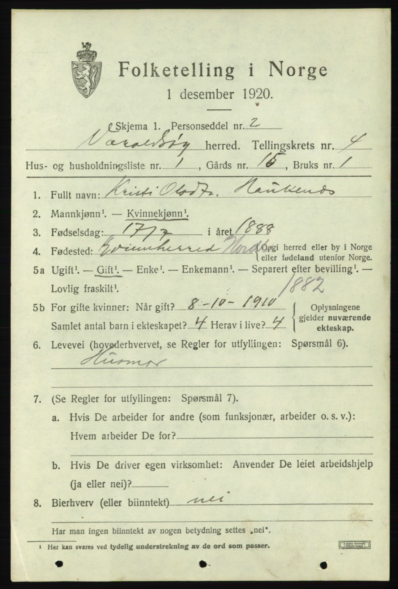 SAB, 1920 census for Varaldsøy, 1920, p. 1381