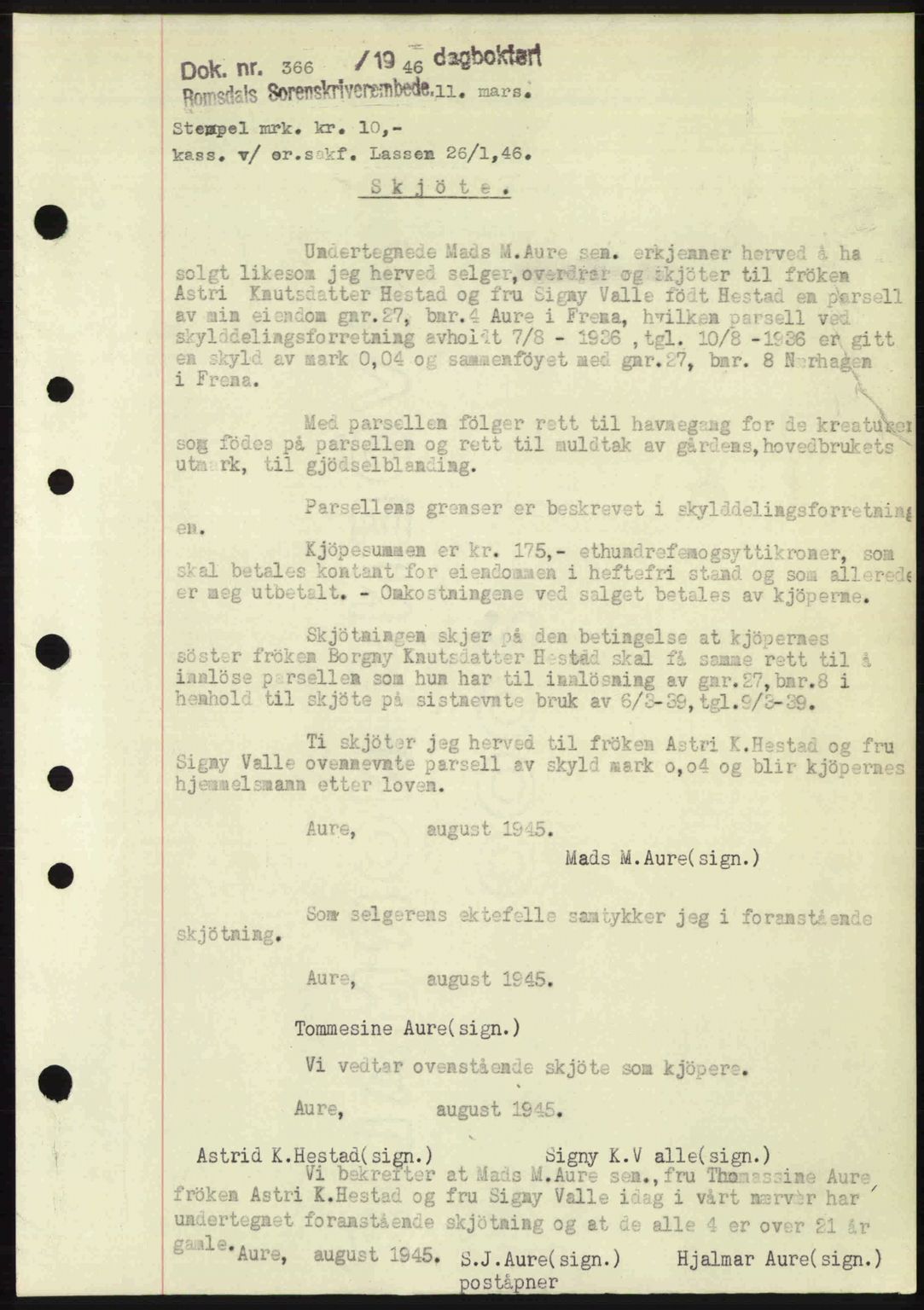 Romsdal sorenskriveri, SAT/A-4149/1/2/2C: Mortgage book no. A19, 1946-1946, Diary no: : 366/1946