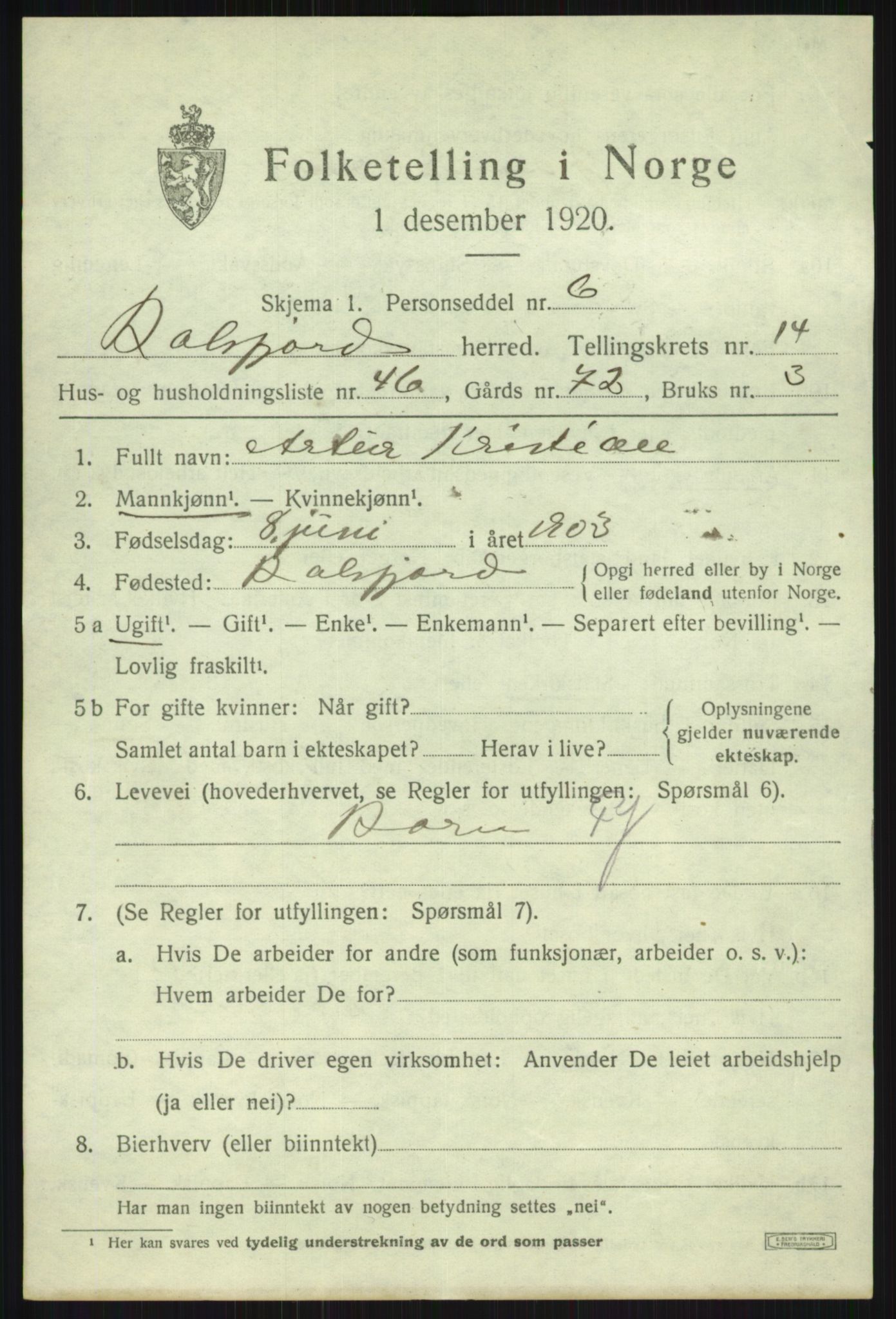 SATØ, 1920 census for Balsfjord, 1920, p. 8709