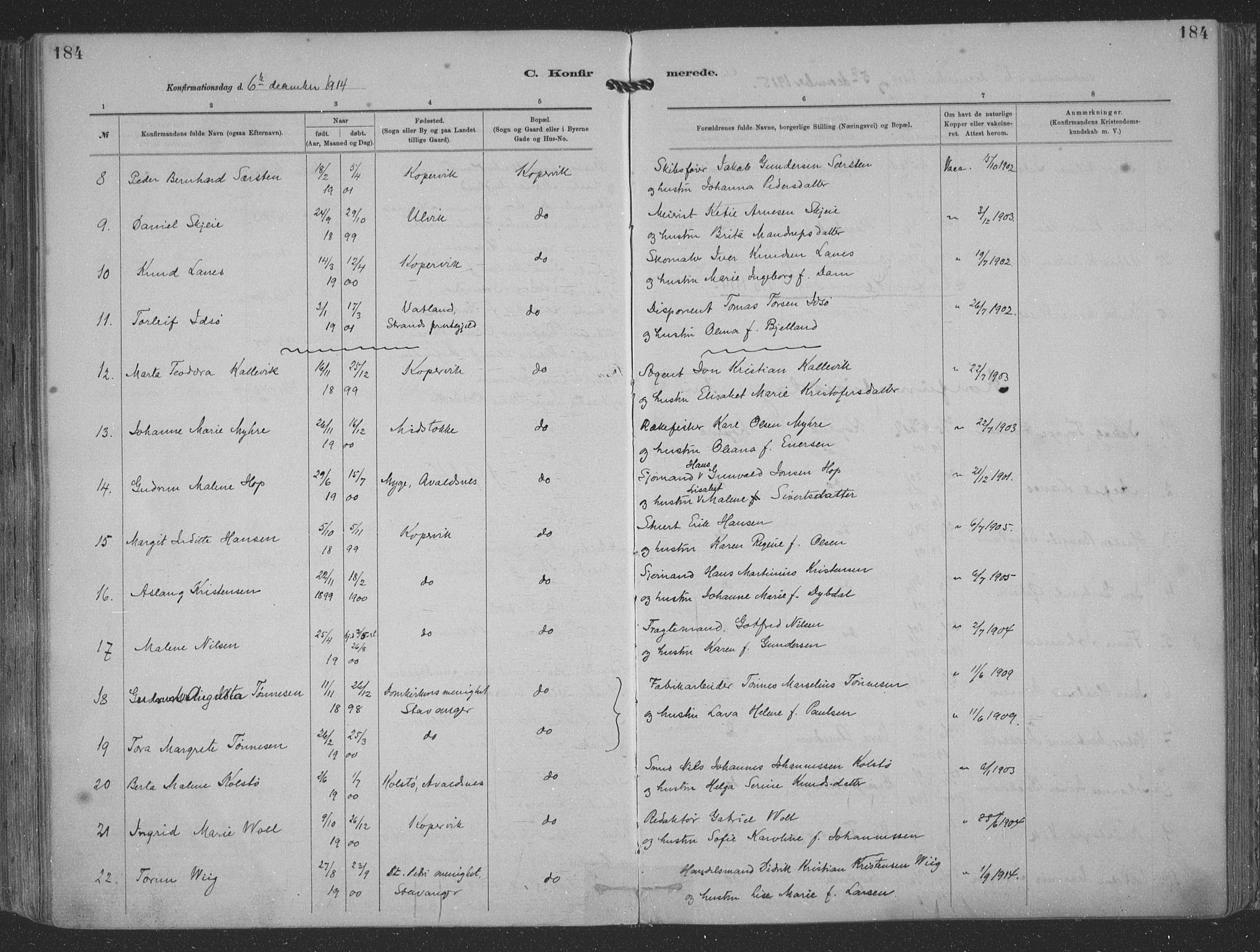 Kopervik sokneprestkontor, AV/SAST-A-101850/H/Ha/Haa/L0001: Parish register (official) no. A 1, 1880-1919, p. 184