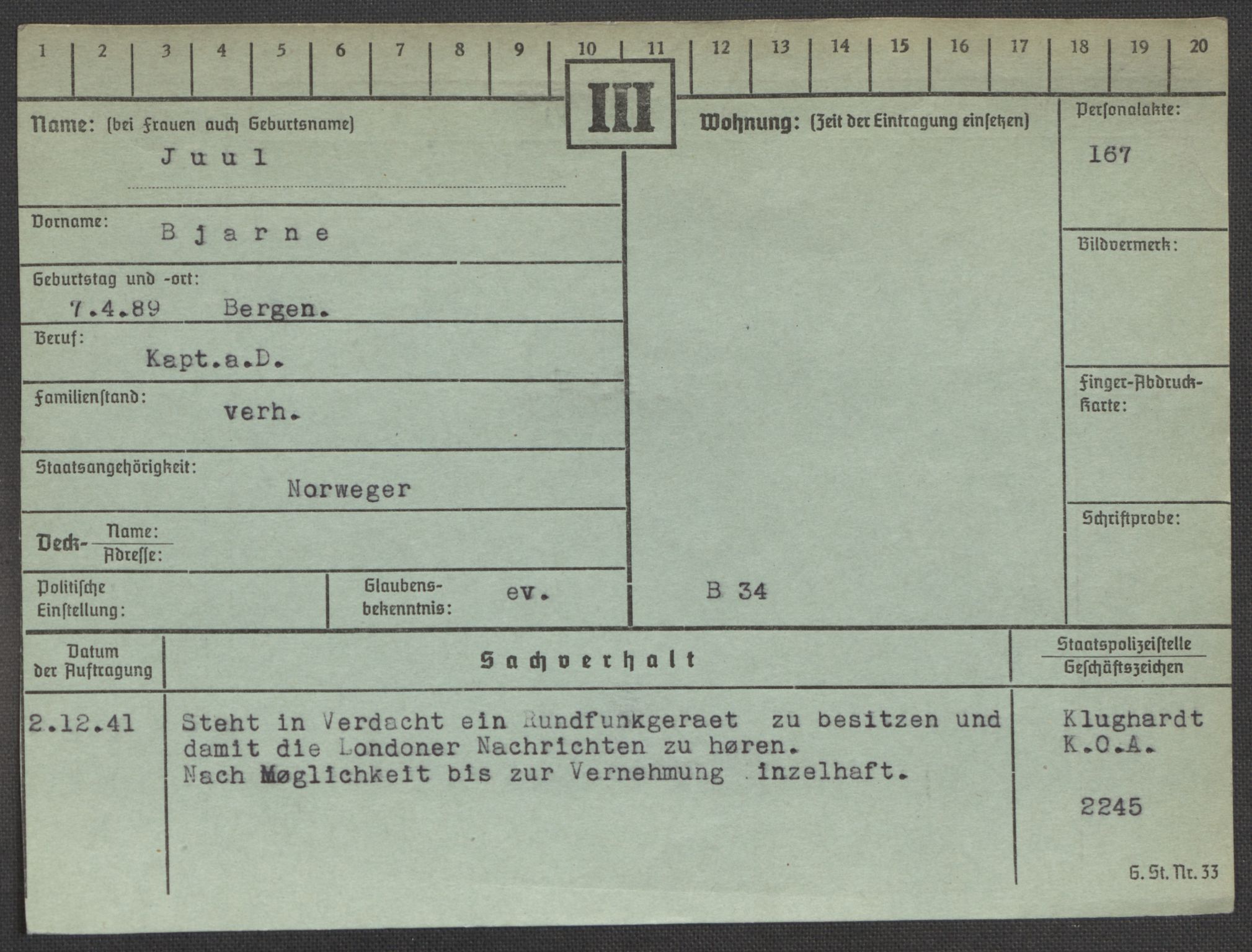 Befehlshaber der Sicherheitspolizei und des SD, RA/RAFA-5969/E/Ea/Eaa/L0005: Register over norske fanger i Møllergata 19: Hø-Kj, 1940-1945, p. 1069
