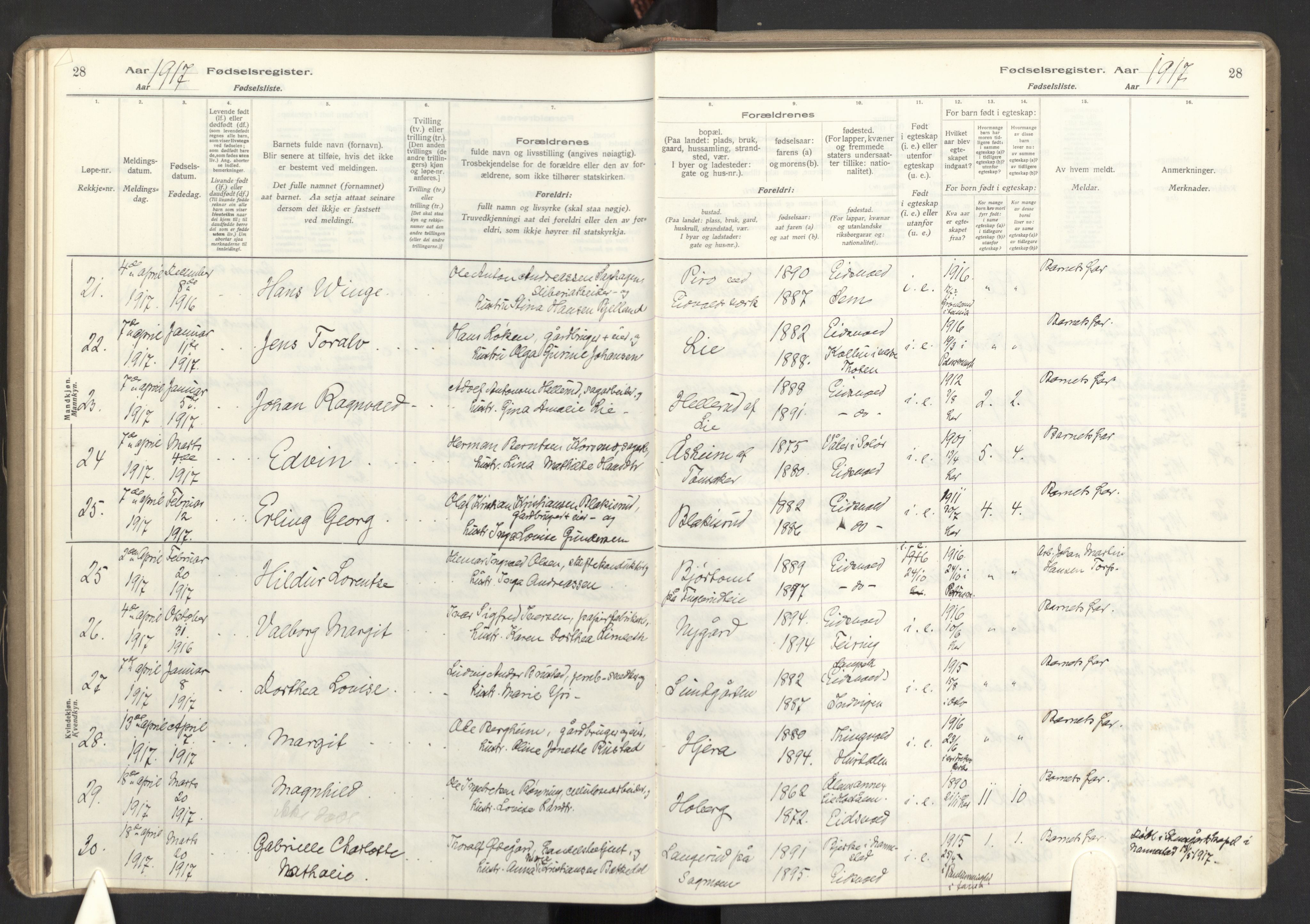 Eidsvoll prestekontor Kirkebøker, AV/SAO-A-10888/J/Ja/L0001: Birth register no. I 1, 1916-1924, p. 28