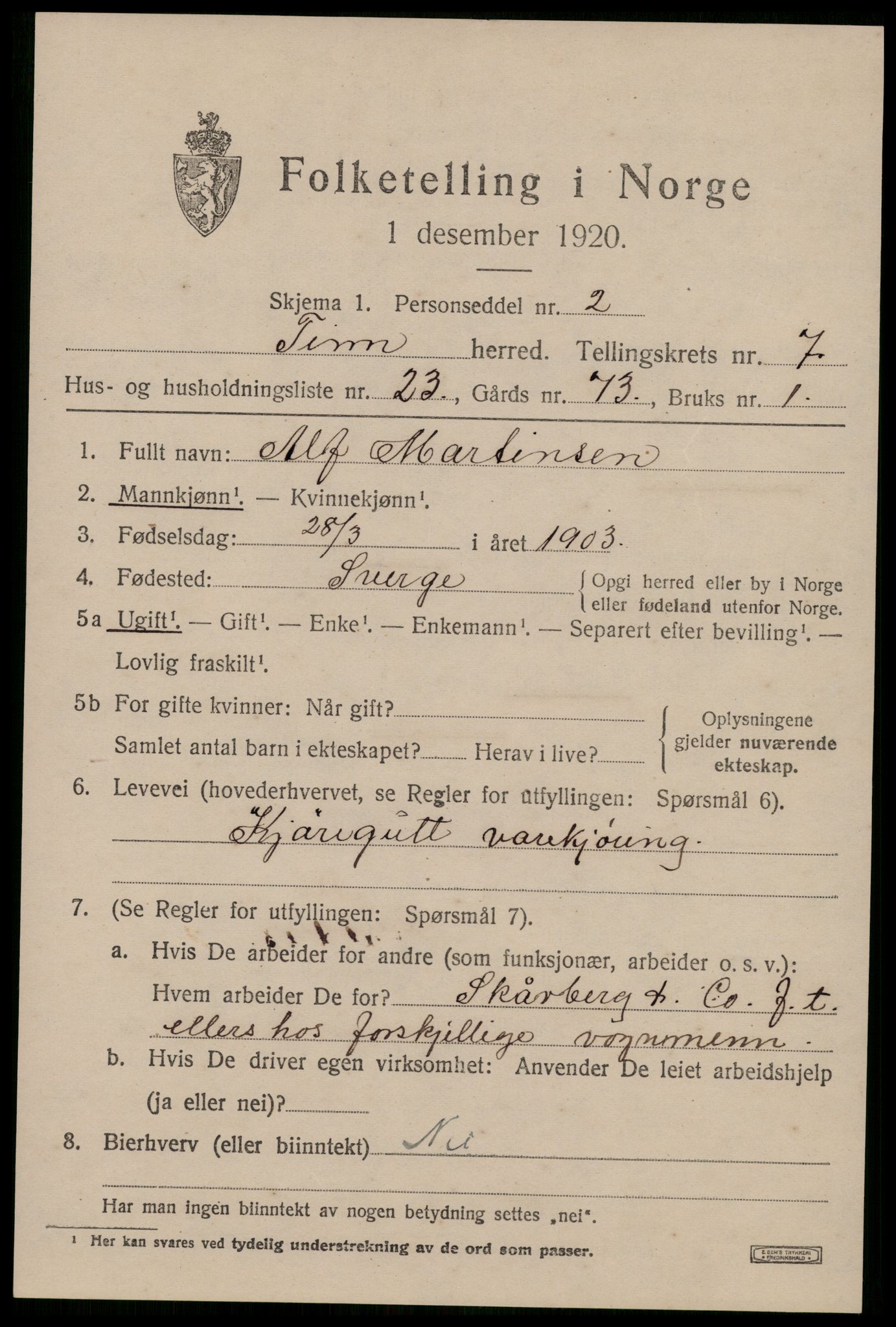 SAKO, 1920 census for Tinn, 1920, p. 5078