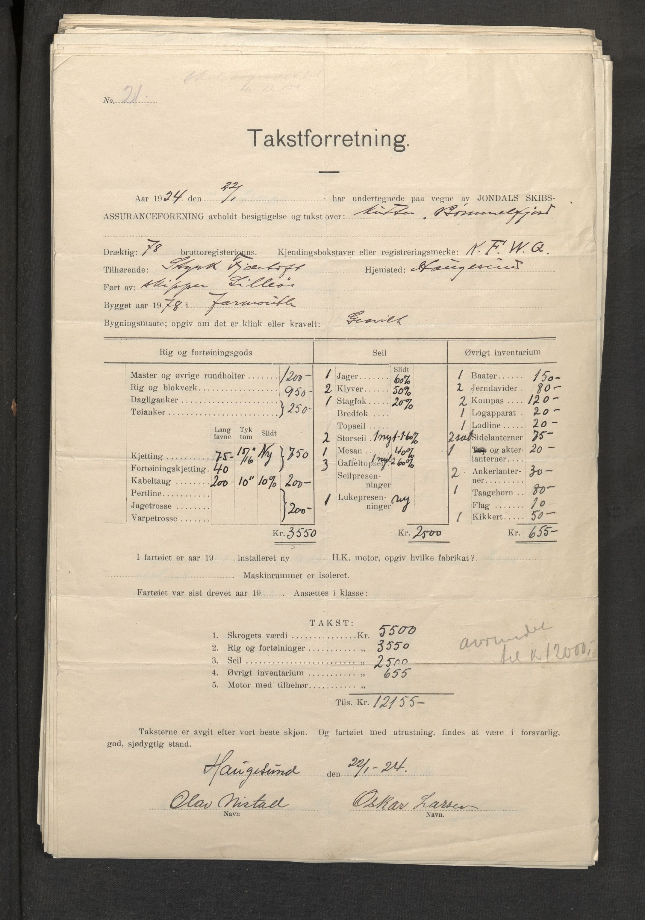 Jondal Skipsassuranseforening, AV/SAB-SAB/PA-0276/E/L0052: Takster , 1924-1928