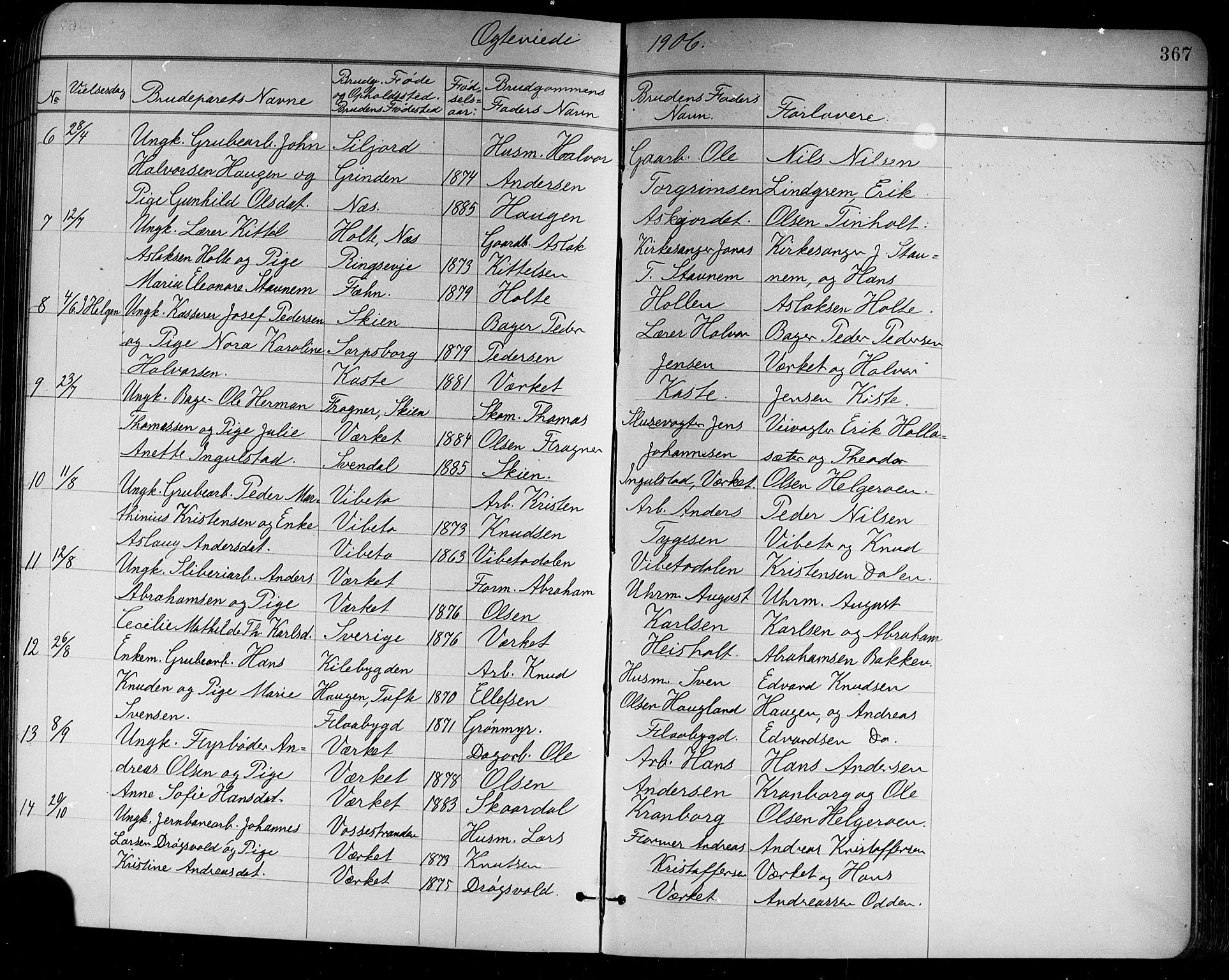 Holla kirkebøker, SAKO/A-272/G/Ga/L0005: Parish register (copy) no. I 5, 1891-1917, p. 367