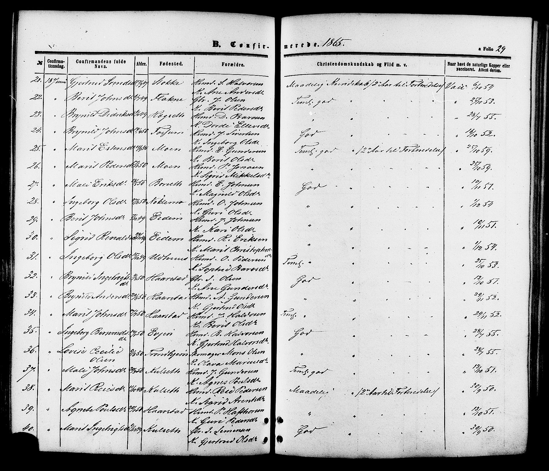 Ministerialprotokoller, klokkerbøker og fødselsregistre - Sør-Trøndelag, AV/SAT-A-1456/695/L1147: Parish register (official) no. 695A07, 1860-1877, p. 29